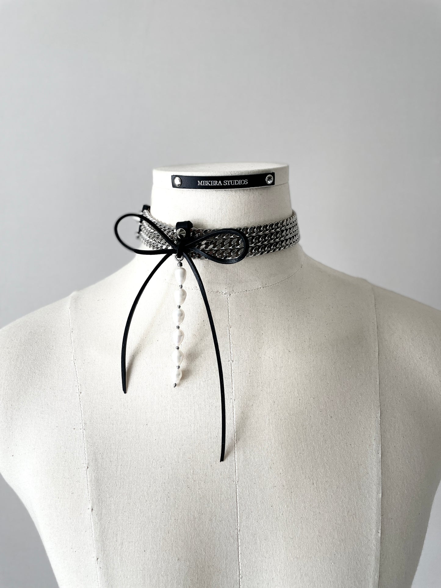 NR2 Leather Ribbon Choker Pearl Spike Limited Edition Handcrafted Necklace For women For men-MEKERA STUDIOS