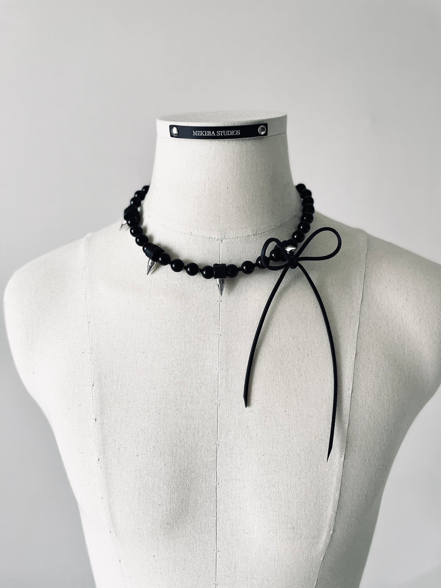 NR3 Leather Ribbon Necklace Onyx Spike Limited Edition Handcrafted choker - MEKERA STUDIOS