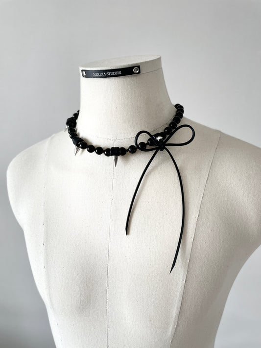 NR3 Leather Ribbon Necklace Onyx Spike Limited Edition Handcrafted choker - MEKERA STUDIOS