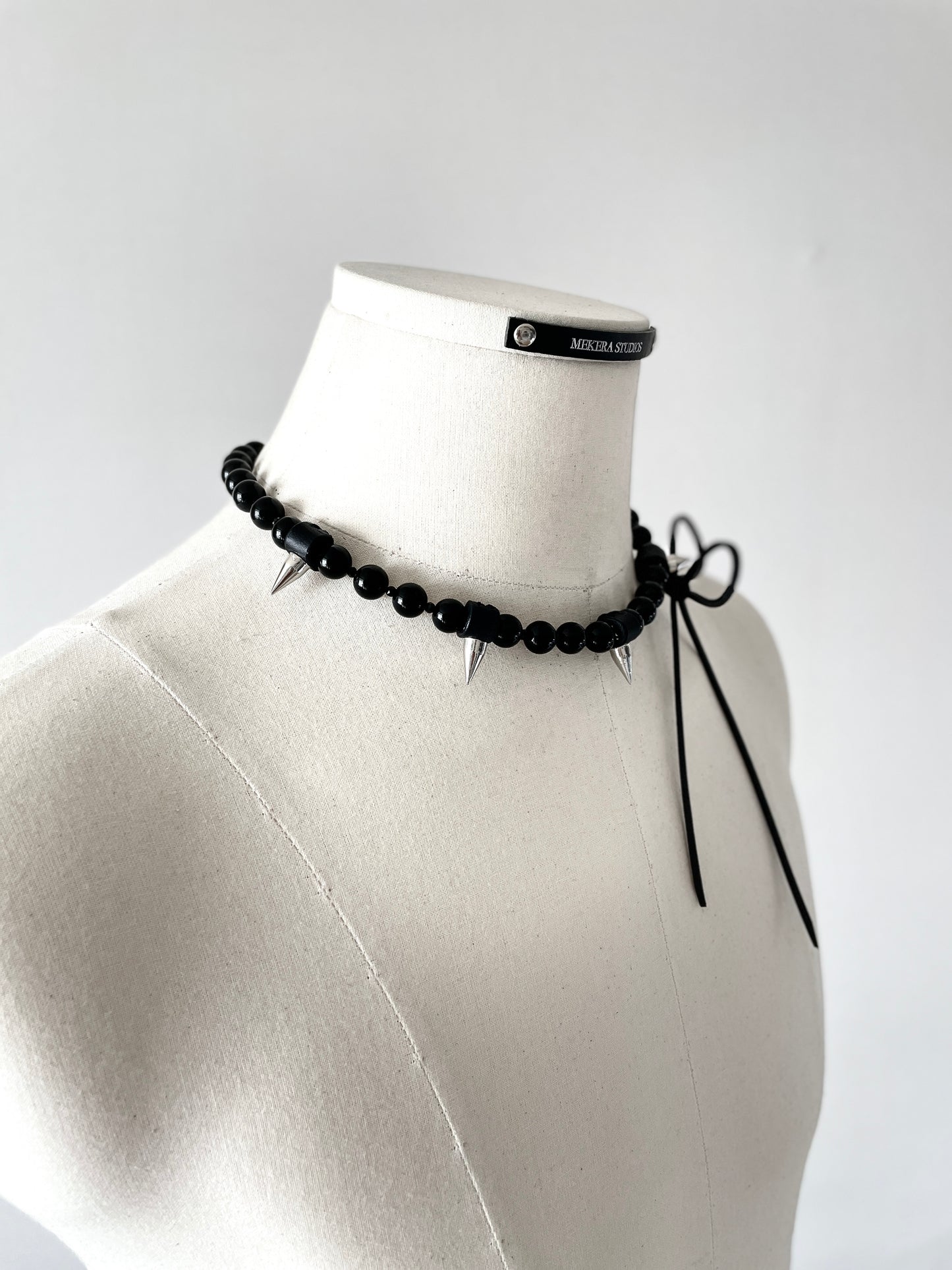 NR3 Leather Ribbon Necklace Onyx Spike Limited Edition Handcrafted choker - MEKERA STUDIOS