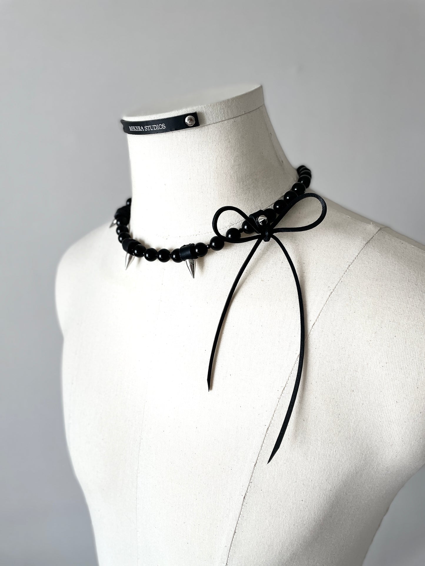 NR3 Leather Ribbon Necklace Onyx Spike Limited Edition Handcrafted choker - MEKERA STUDIOS