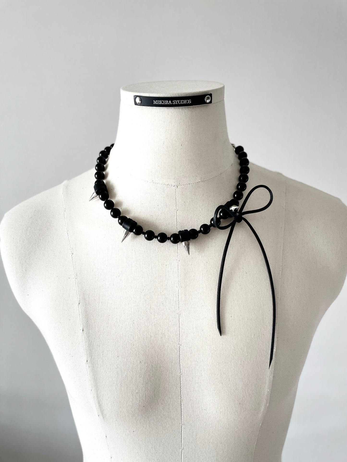 NR3 Leather Ribbon Necklace Onyx Spike Limited Edition Handcrafted choker - MEKERA STUDIOS