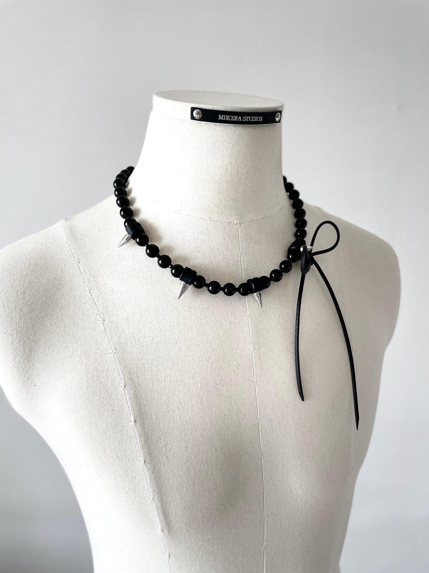 NR3 Leather Ribbon Necklace Onyx Spike Limited Edition Handcrafted choker - MEKERA STUDIOS