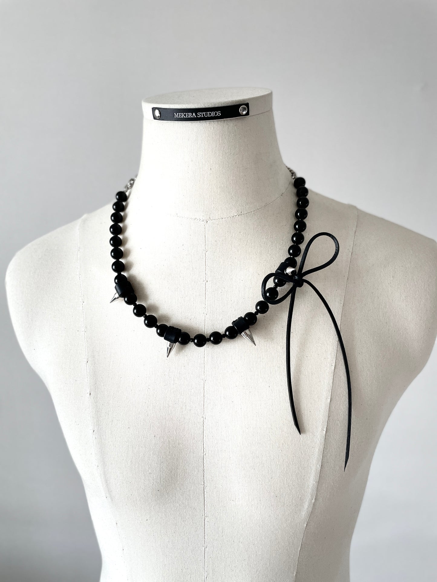 NR3 Leather Ribbon Necklace Onyx Spike Limited Edition Handcrafted choker - MEKERA STUDIOS