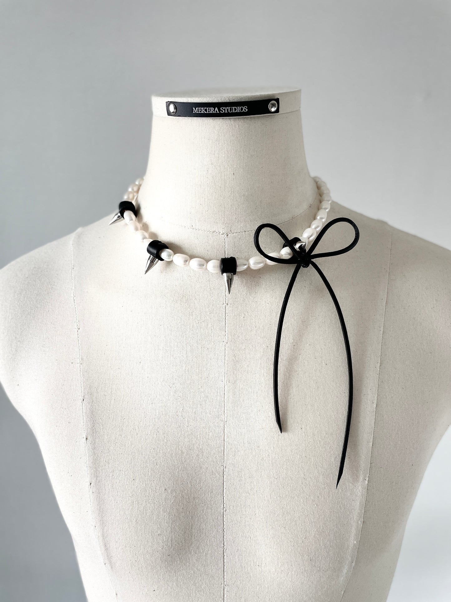 NR4 Leather Ribbon Necklace Pearl Spike Limited Edition Handcrafted choker For women For men - MEKERA STUDIOS