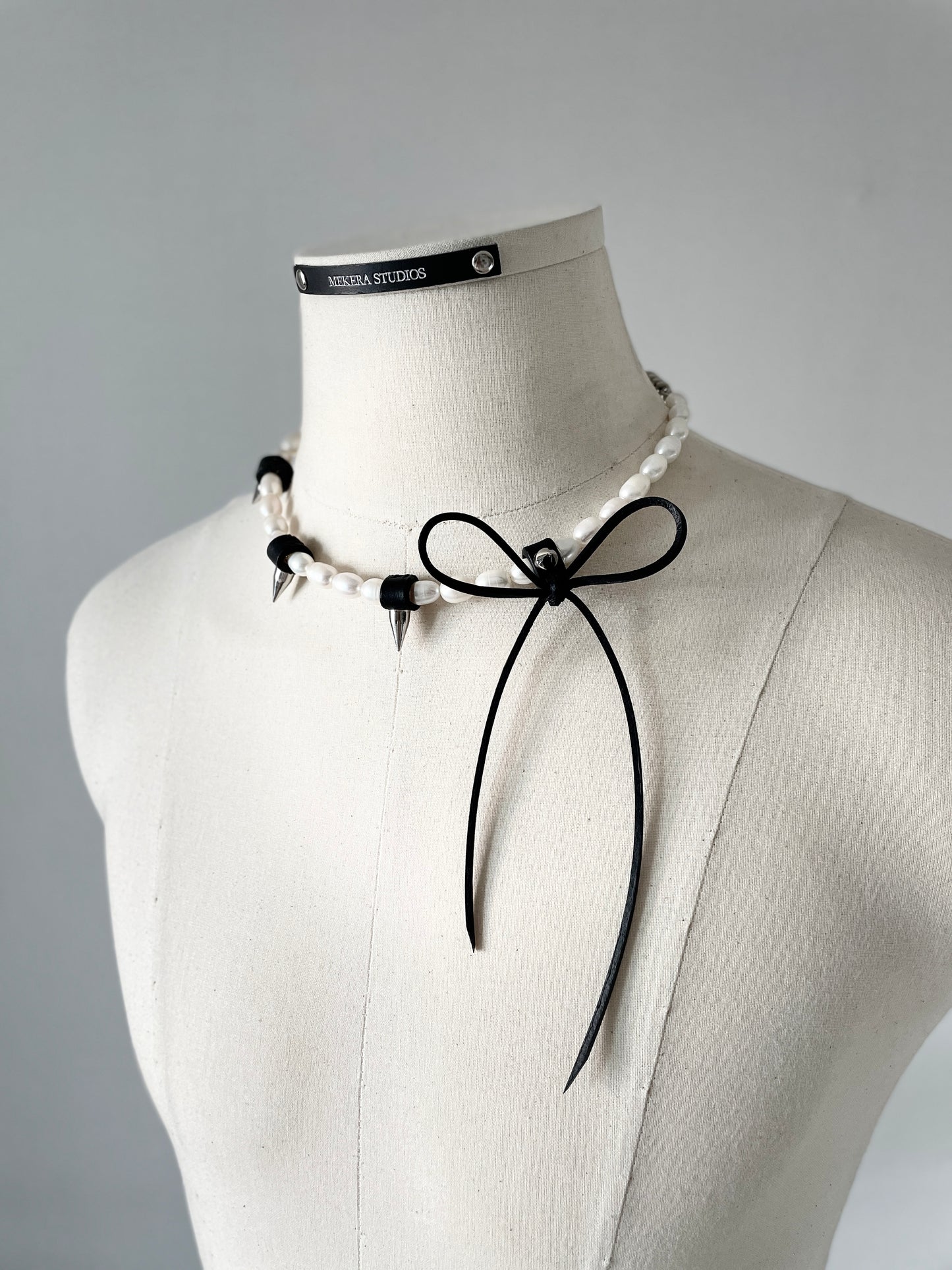 NR4 Leather Ribbon Necklace Pearl Spike Limited Edition Handcrafted choker For women For men - MEKERA STUDIOS