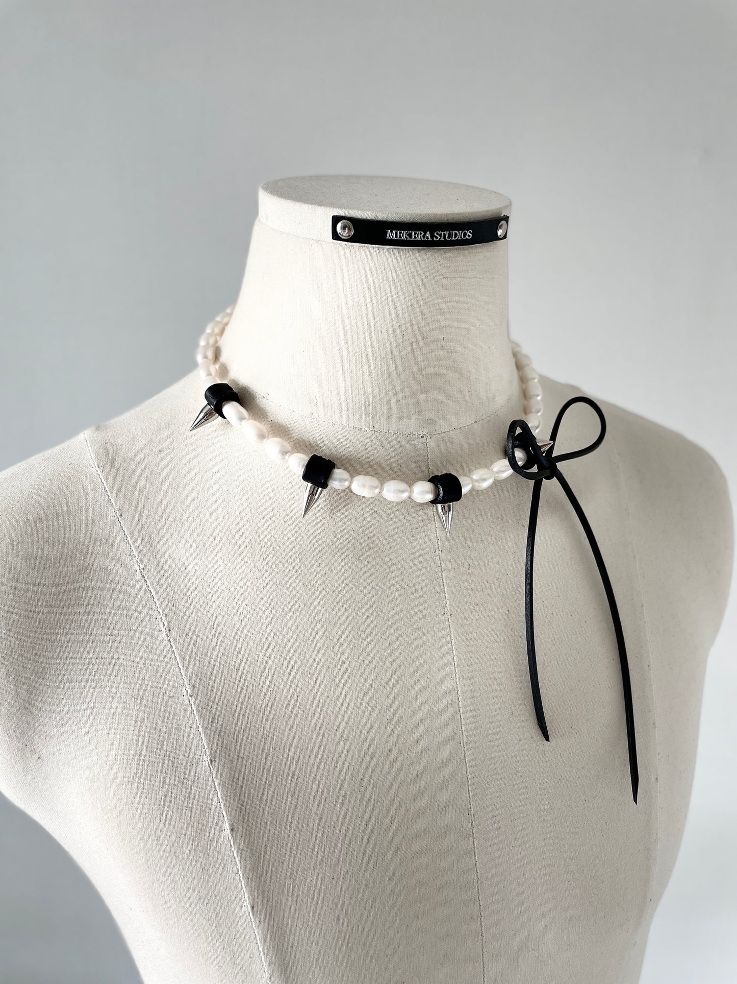 NR4 Leather Ribbon Necklace Pearl Spike Limited Edition Handcrafted choker For women For men - MEKERA STUDIOS