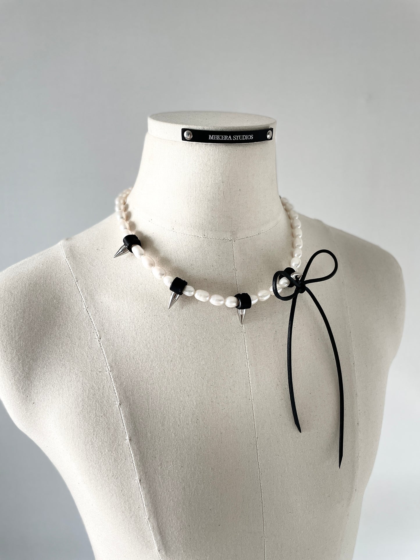 NR4 Leather Ribbon Necklace Pearl Spike Limited Edition Handcrafted choker For women For men - MEKERA STUDIOS