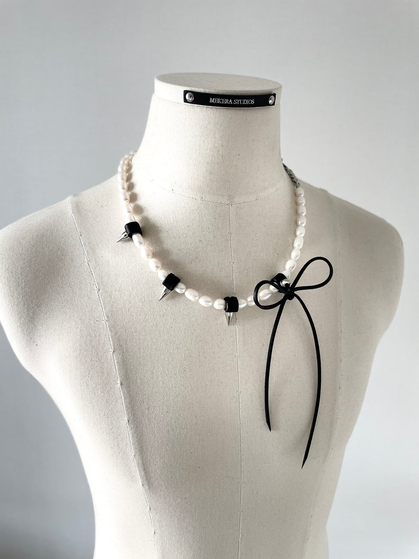 NR4 Leather Ribbon Necklace Pearl Spike Limited Edition Handcrafted choker For women For men - MEKERA STUDIOS