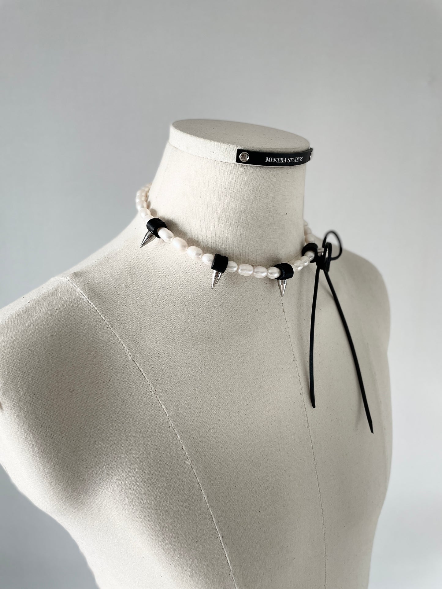 NR4 Leather Ribbon Necklace Pearl Spike Limited Edition Handcrafted choker For women For men - MEKERA STUDIOS