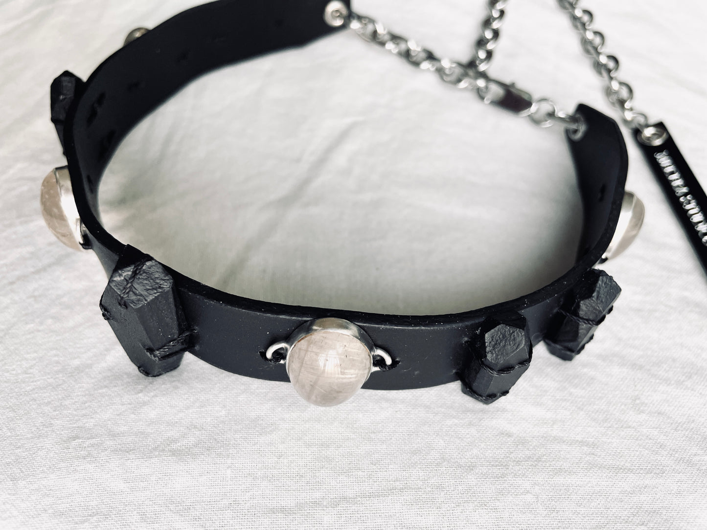 Leather Stone & white quartz Silver Mekera Cut Limited Edition Handcrafted Pendent Choker - MEKERA STUDIO