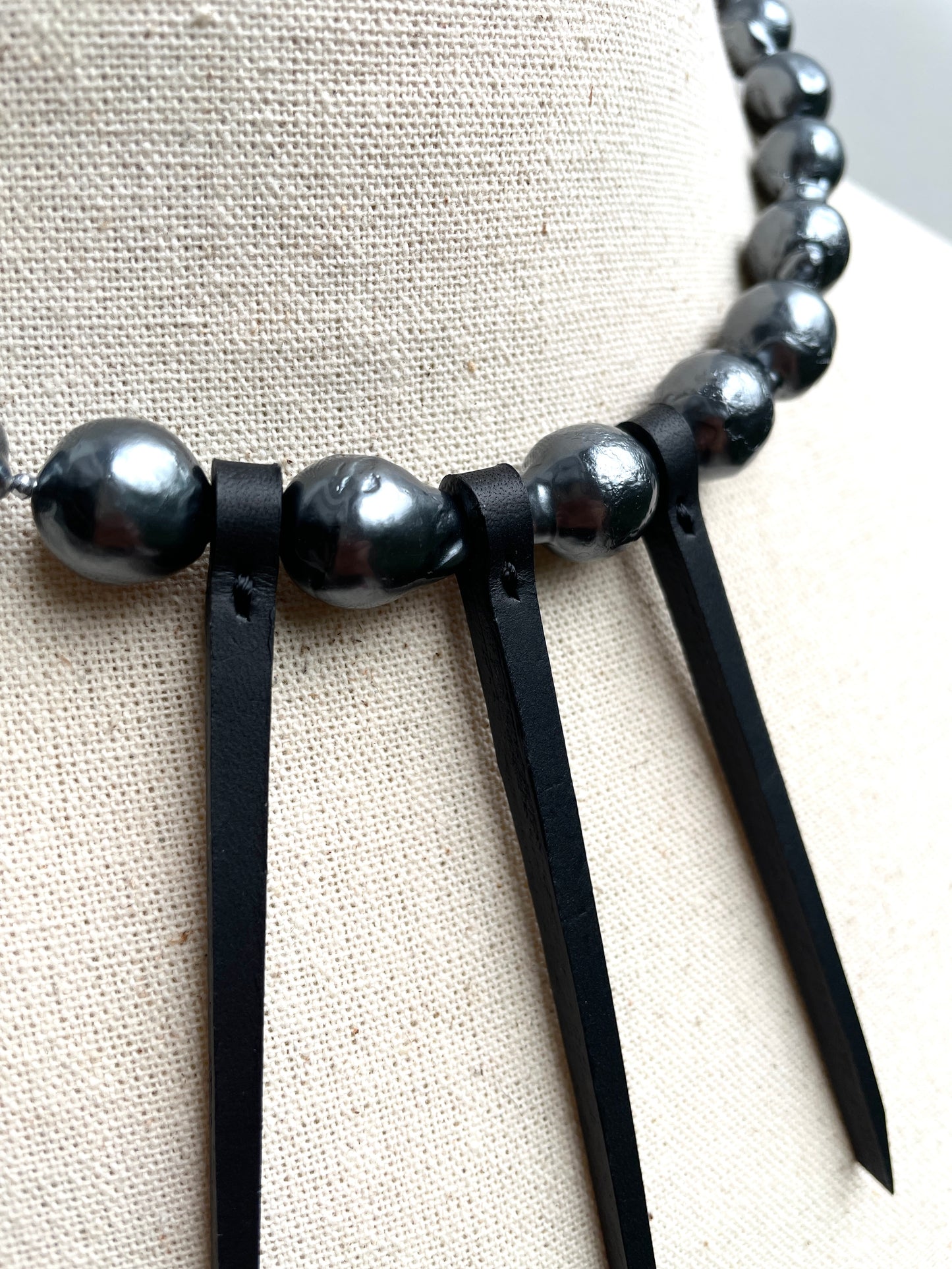 BX1 Leather Stone Collection Black Pearl & Leather Limited Edition Handcrafted Necklace - MEKERA STUDIOS