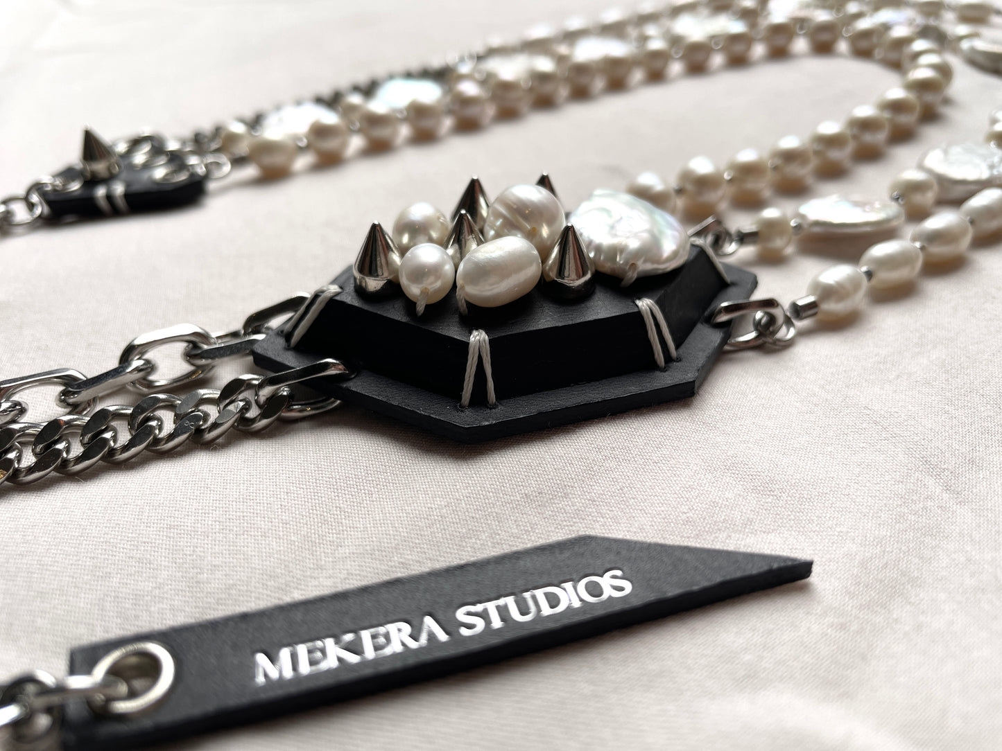 Leather Stone collection Pearl & Spike P3 Limited Edition Handcrafted Necklace Choker Spike For women For men-MEKERA STUDIOS