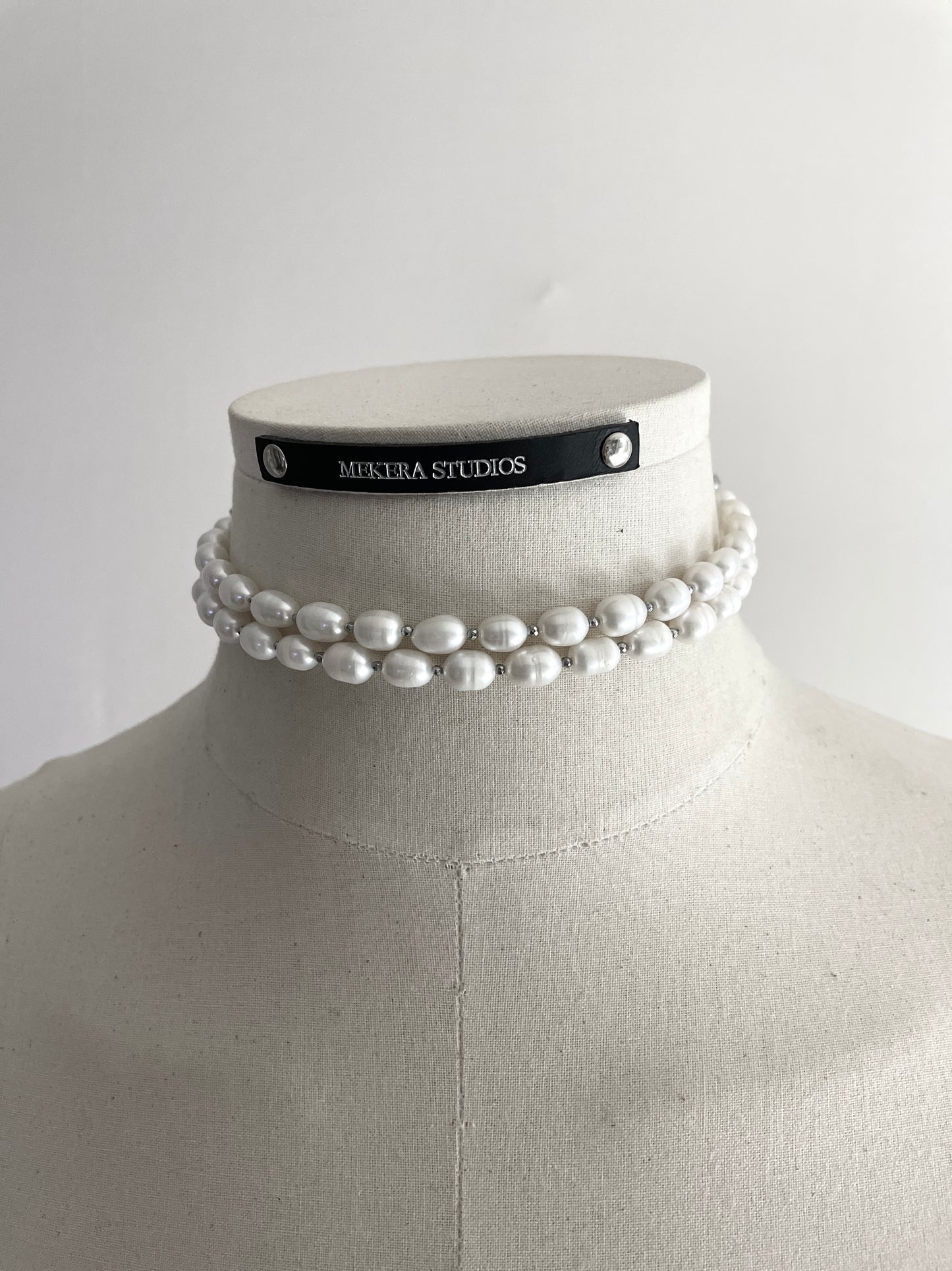 Pearl Choker WP1 Limited Edition Handcrafted layered Necklace Leather Chain - MEKERA STUDIOS