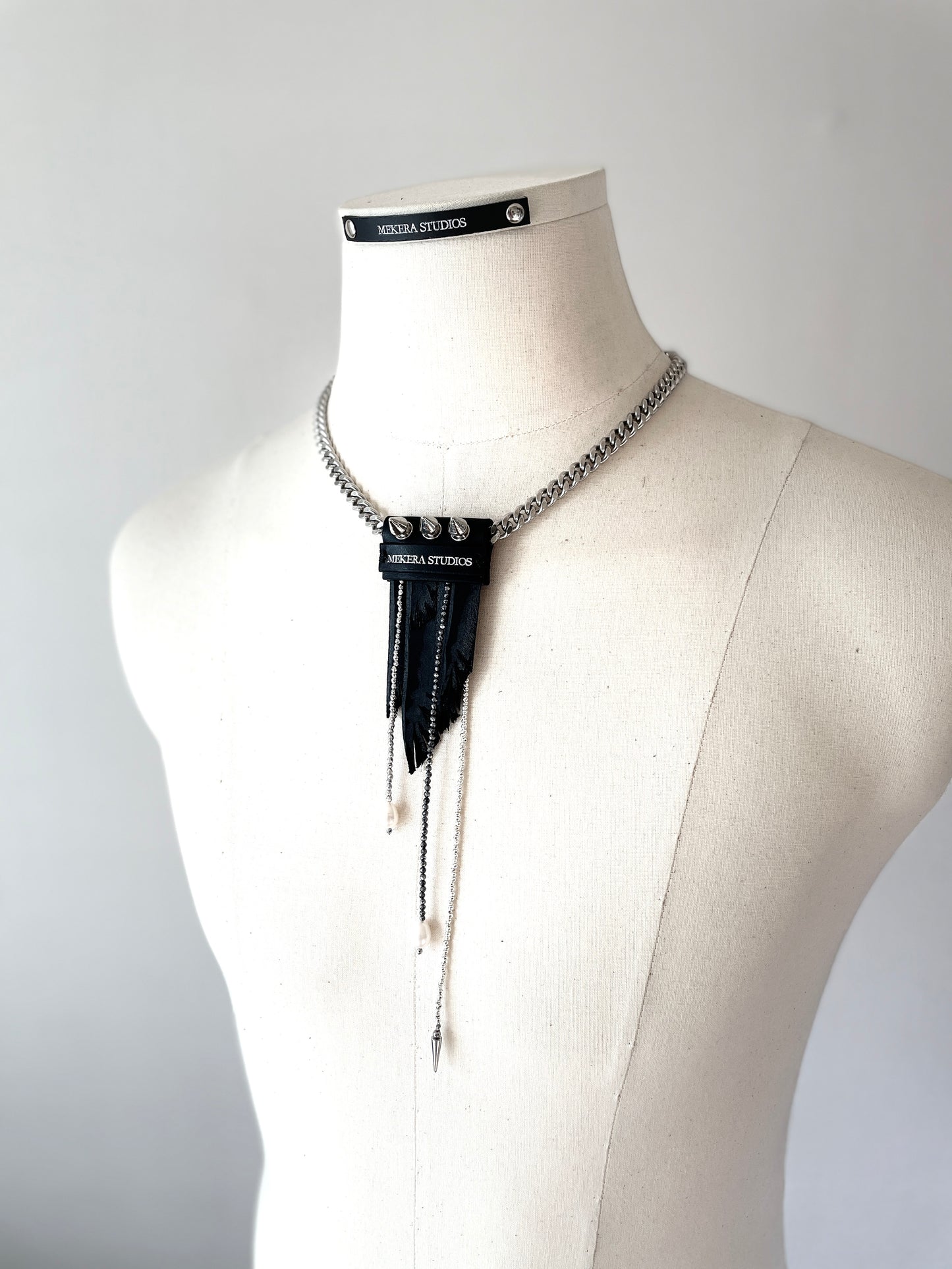 Wings1 - SOAR collection Pearl Spike Leather Limited Edition Handcrafted Necklace - MEKERA STUDIOS