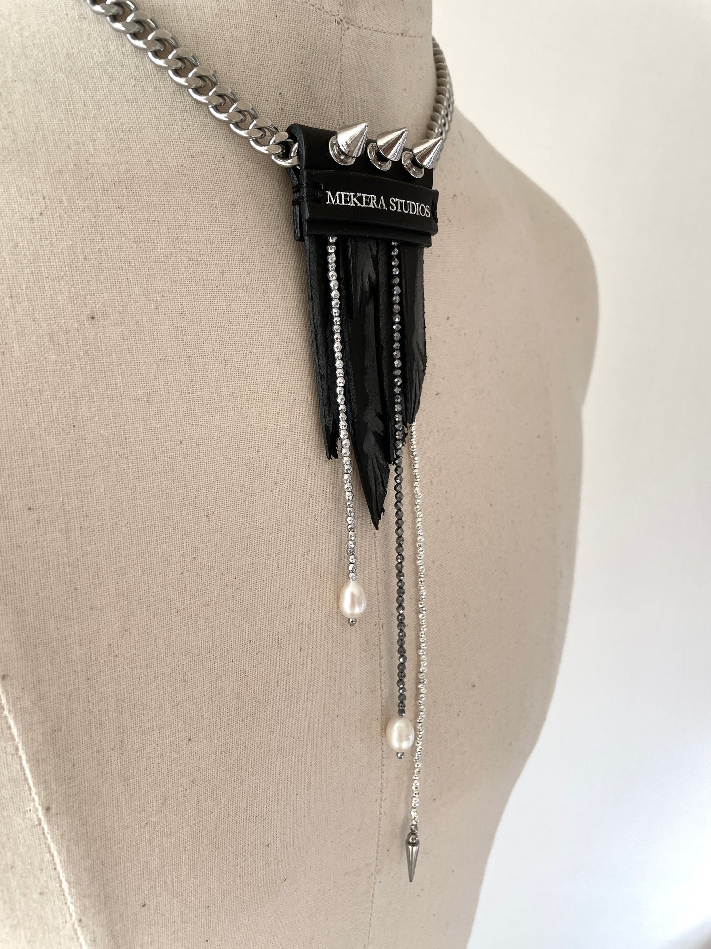 Wings1 - SOAR collection Pearl Spike Leather Limited Edition Handcrafted Necklace - MEKERA STUDIOS