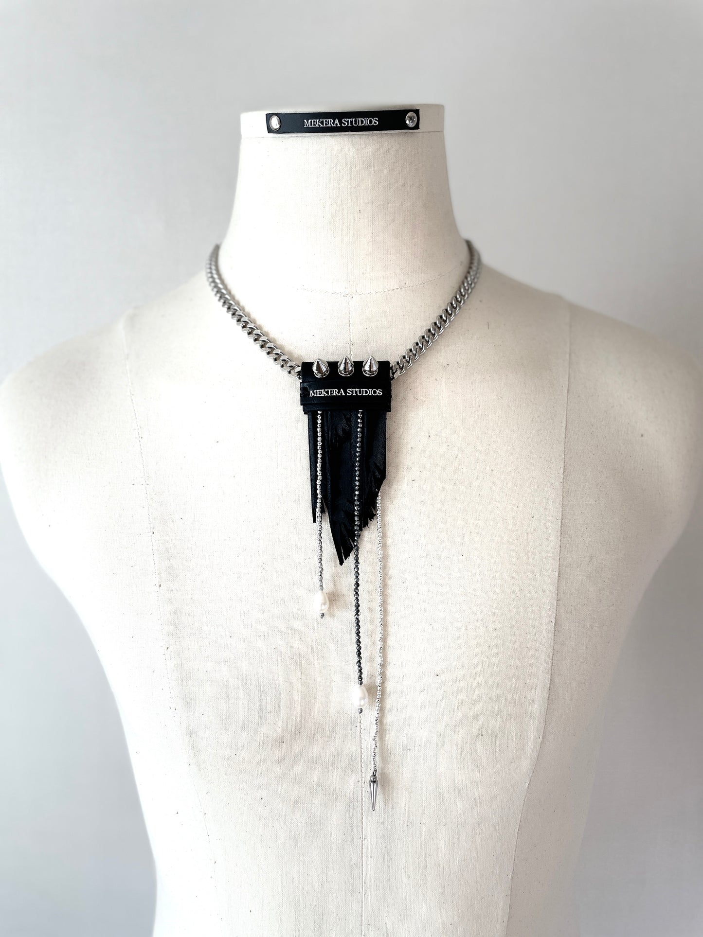 Wings1 - SOAR collection Pearl Spike Leather Limited Edition Handcrafted Necklace - MEKERA STUDIOS