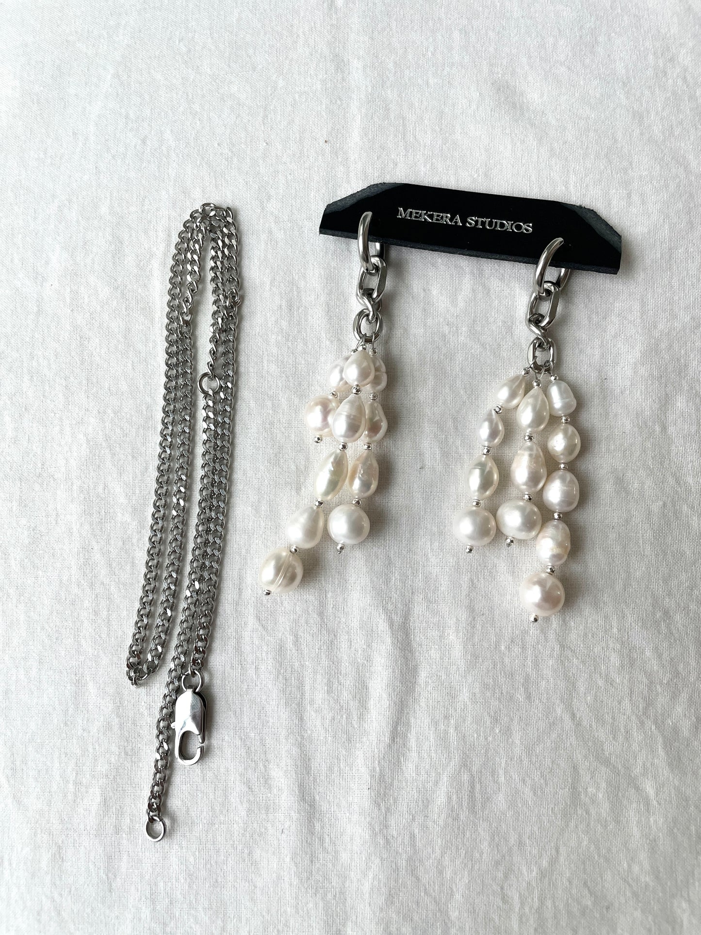 Ear Couture collection Pearl earrings long chain drop EC-1 Limited Edition Handcrafted - MEKERA STUDIOS