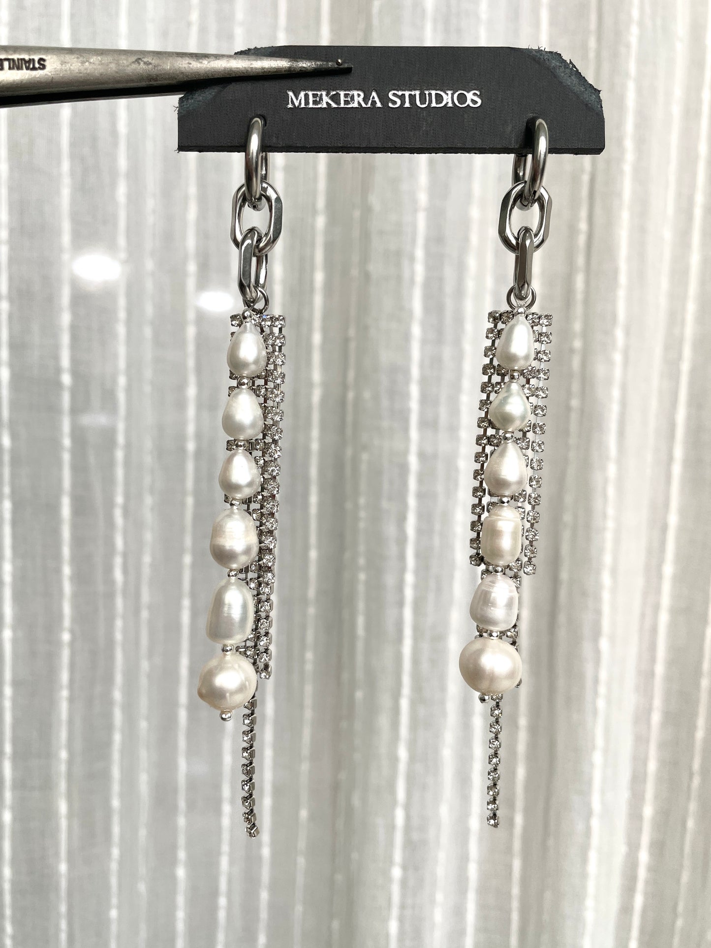 Ear Couture collection Pearl earrings long chain drop EC-2 Limited Edition Handcrafted - MEKERA STUDIOS