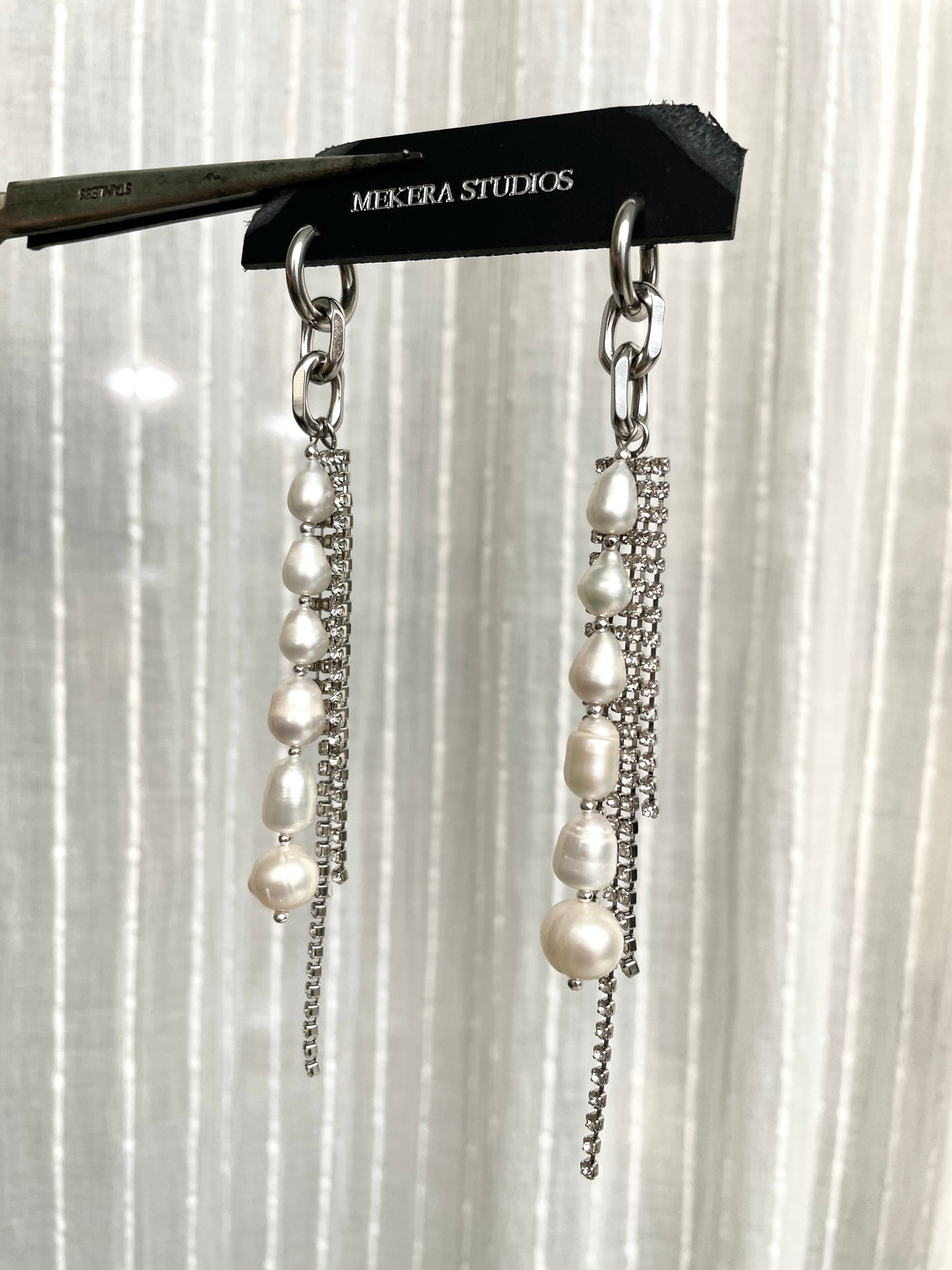 Ear Couture collection Pearl earrings long chain drop EC-2 Limited Edition Handcrafted - MEKERA STUDIOS