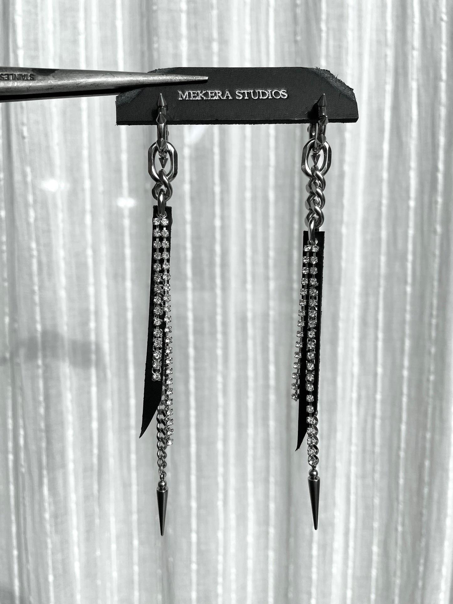 Ear Couture collection EC-4 long chain earrings leather drop Limited Edition Handcrafted - MEKERA STUDIOS