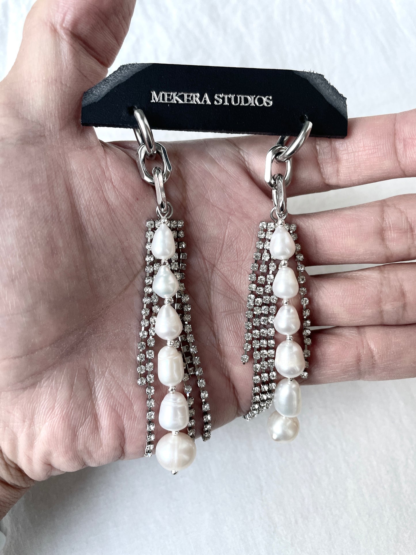 Ear Couture collection Pearl earrings long chain drop EC-2 Limited Edition Handcrafted - MEKERA STUDIOS