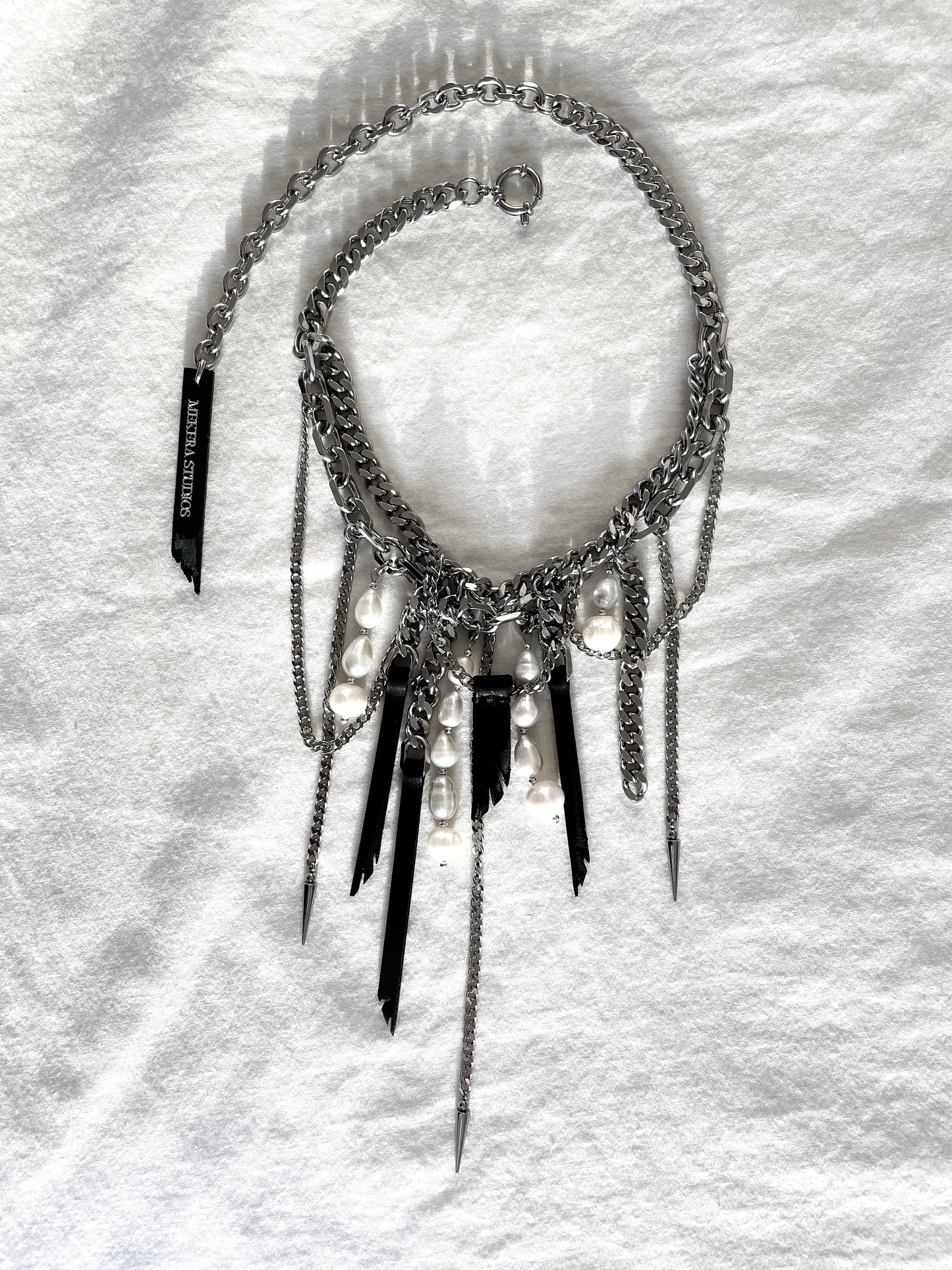 Wings5 - SOAR collection Pearl Spike Leather Limited Edition Handcrafted Necklace - MEKERA STUDIOS