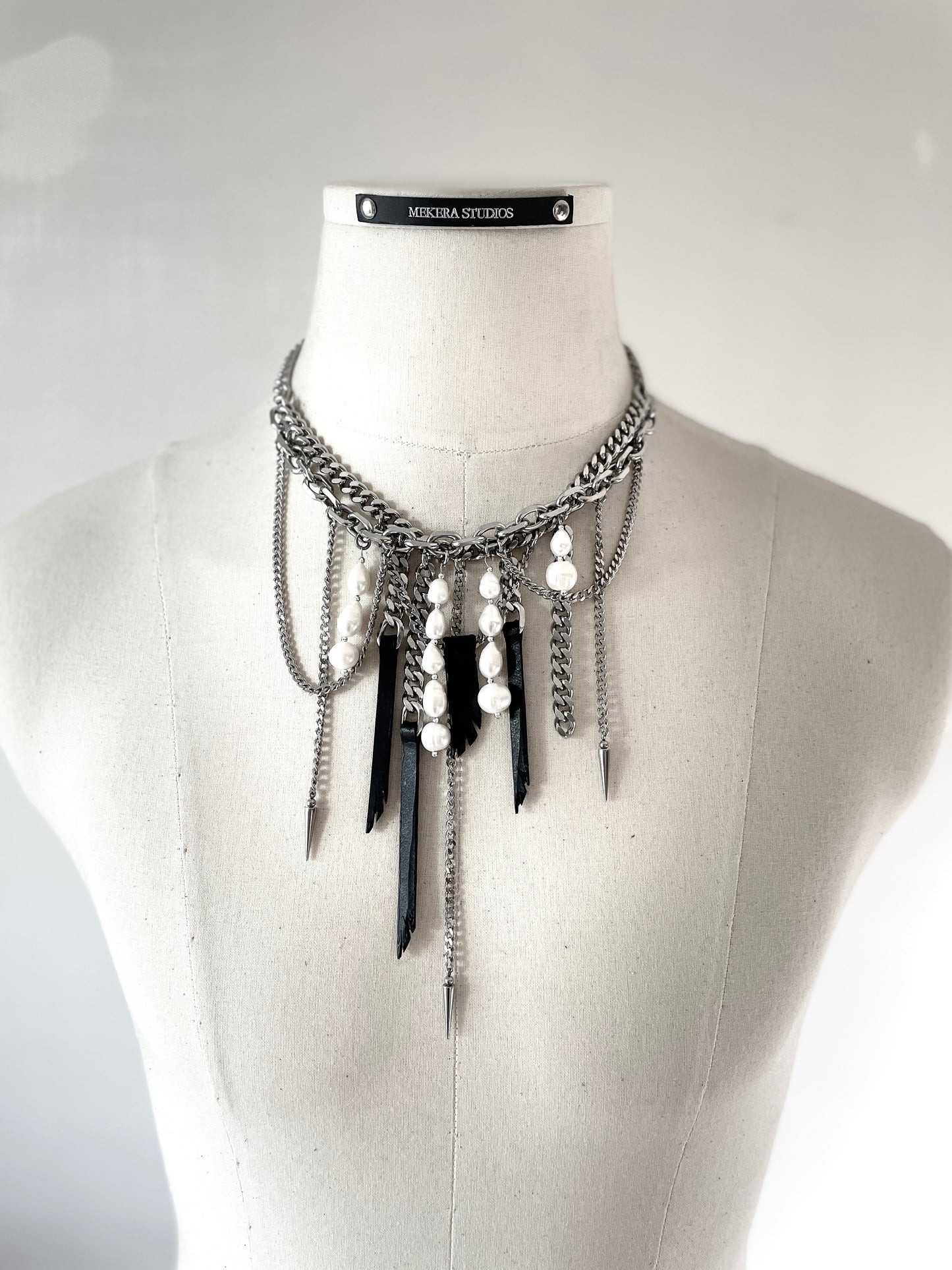 Wings5 - SOAR collection Pearl Spike Leather Limited Edition Handcrafted Necklace - MEKERA STUDIOS