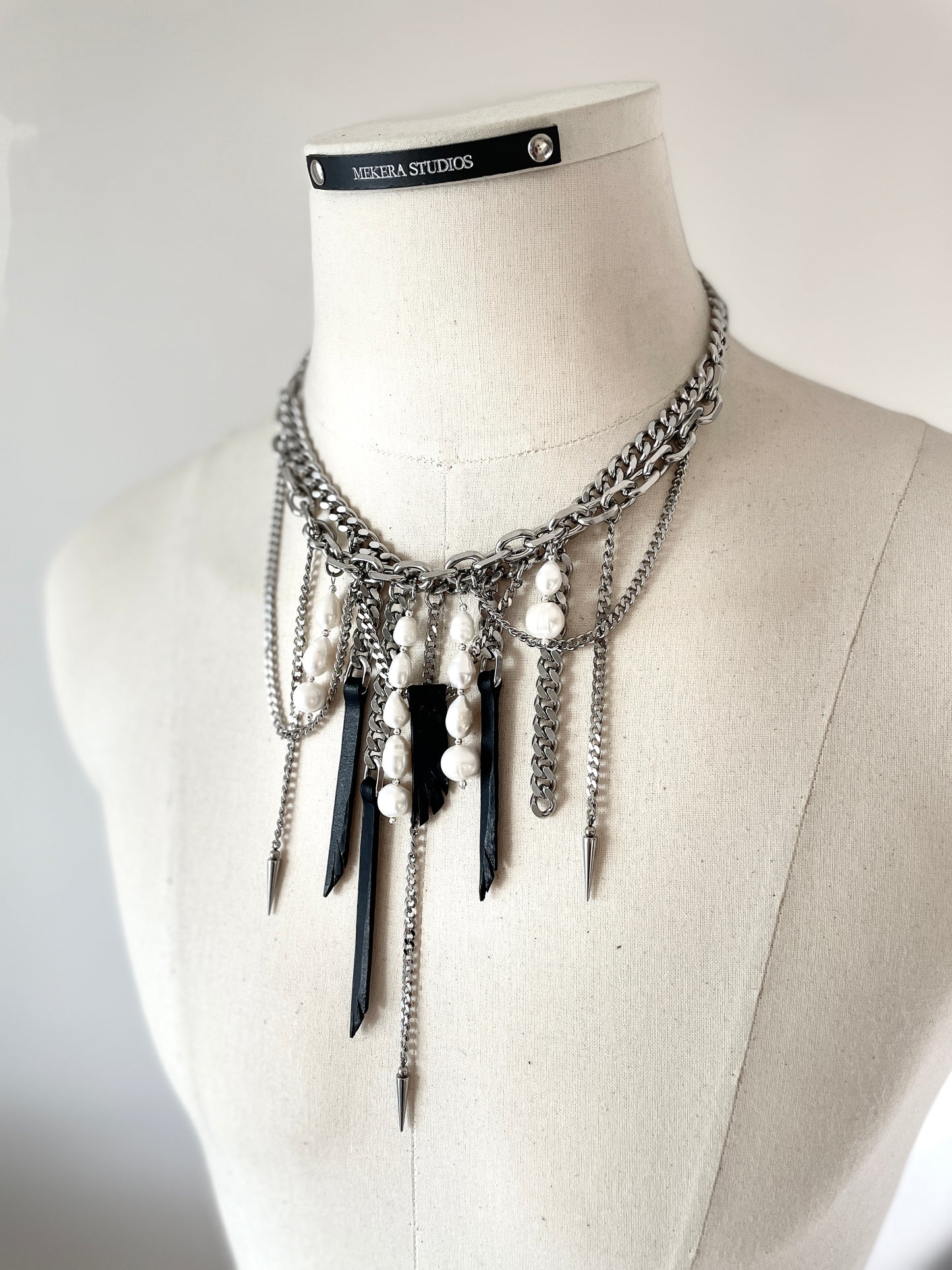 Wings5 - SOAR collection Pearl Spike Leather Limited Edition Handcrafted Necklace - MEKERA STUDIOS