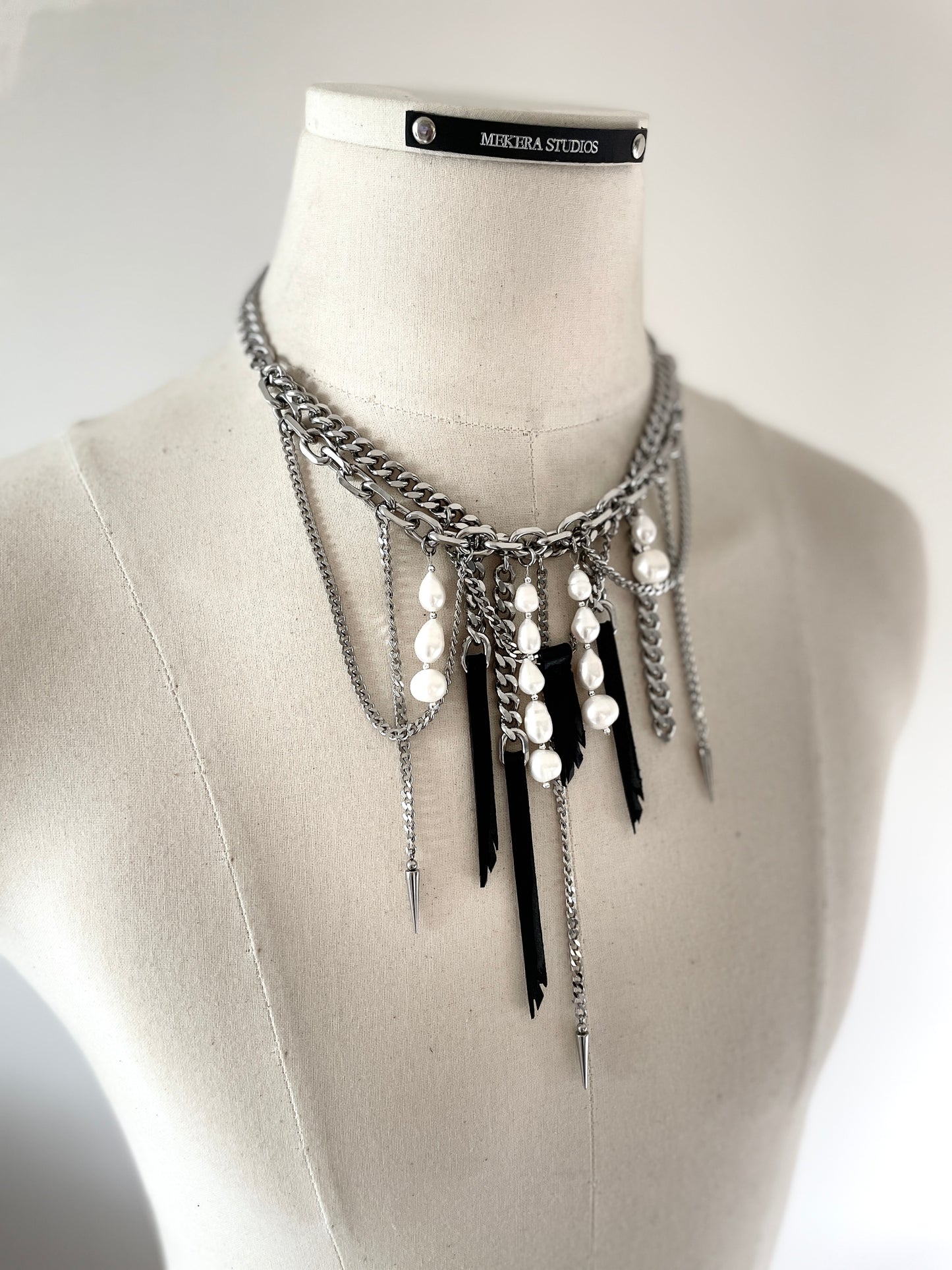 Wings5 - SOAR collection Pearl Spike Leather Limited Edition Handcrafted Necklace - MEKERA STUDIOS