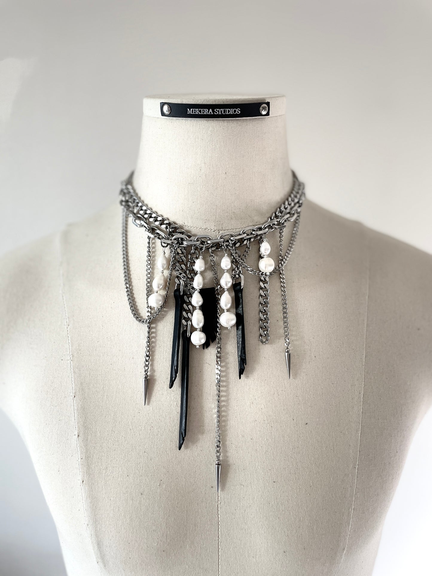 Wings5 - SOAR collection Pearl Spike Leather Limited Edition Handcrafted Necklace - MEKERA STUDIOS