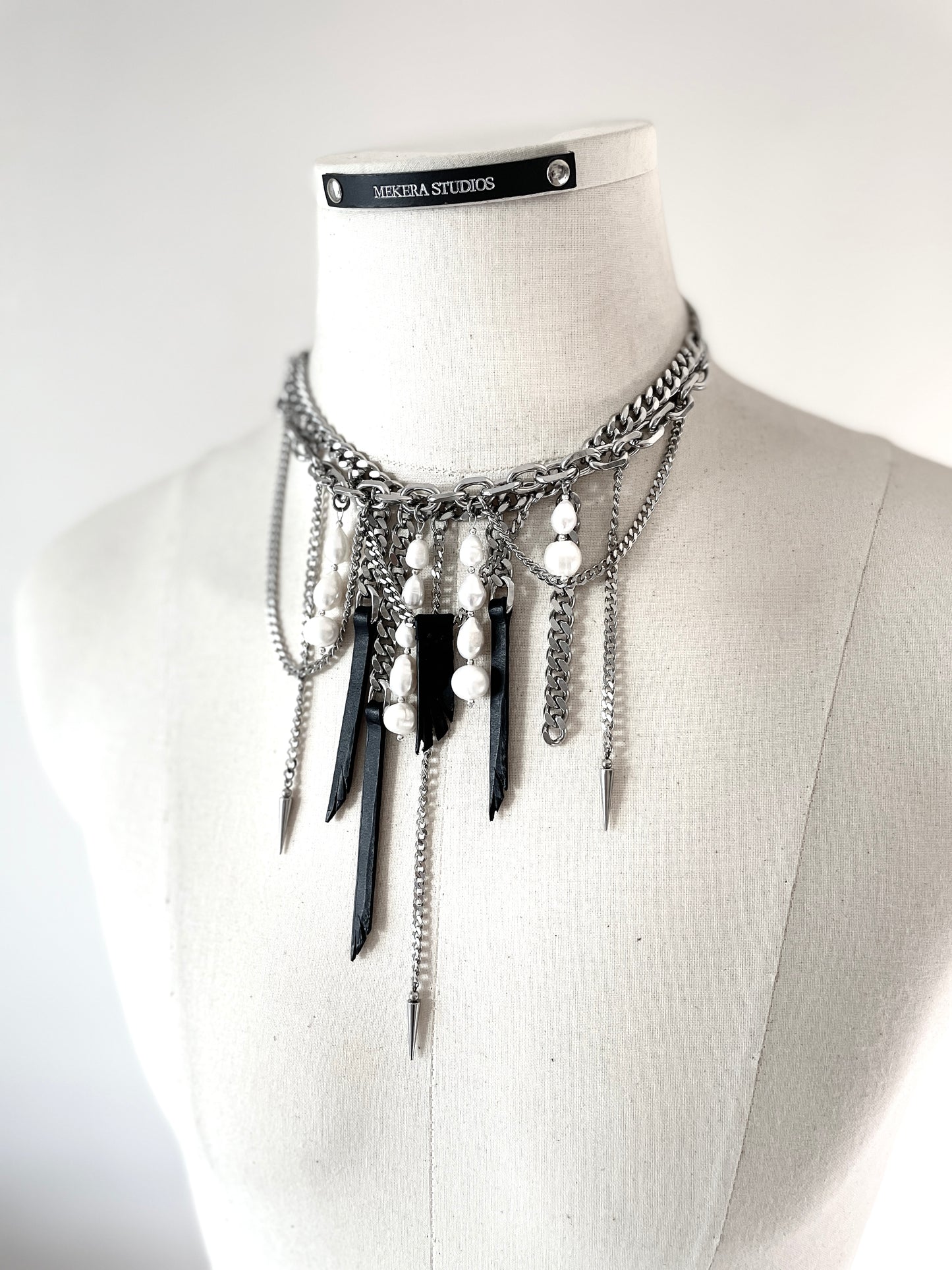 Wings5 - SOAR collection Pearl Spike Leather Limited Edition Handcrafted Necklace - MEKERA STUDIOS