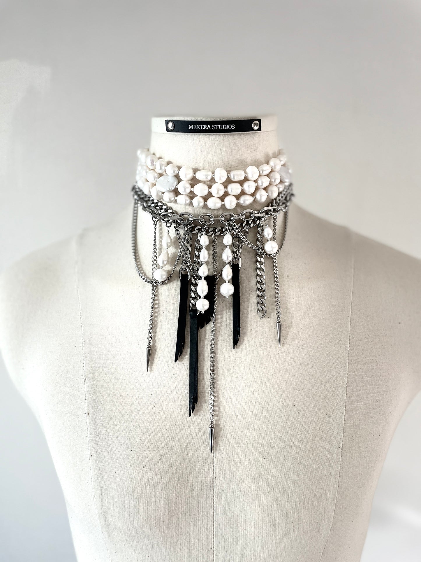 Wings5 - SOAR collection Pearl Spike Leather Limited Edition Handcrafted Necklace - MEKERA STUDIOS