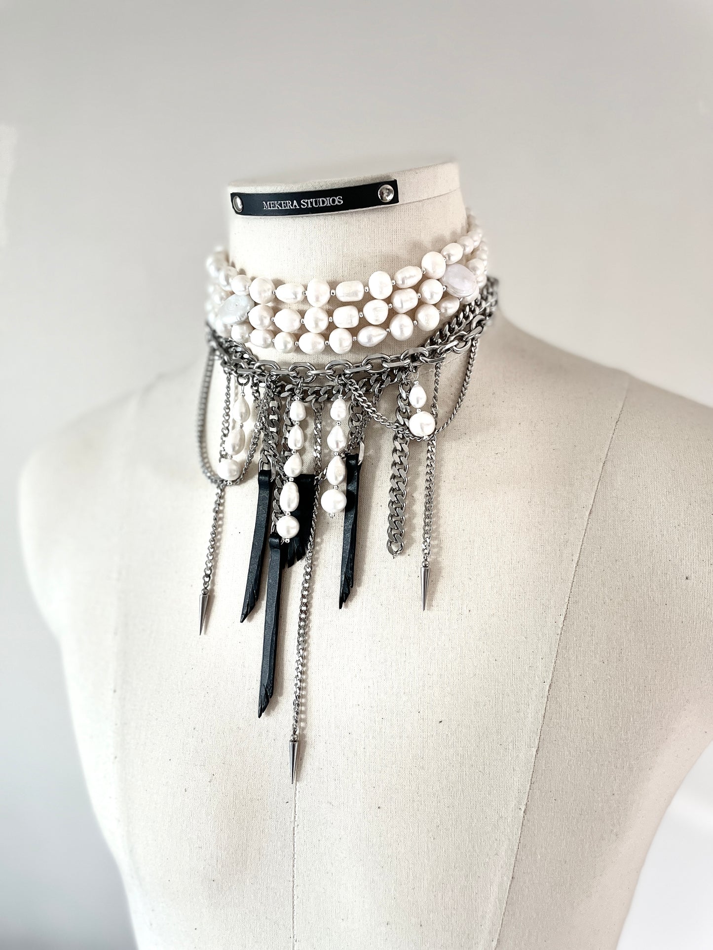 Wings5 - SOAR collection Pearl Spike Leather Limited Edition Handcrafted Necklace - MEKERA STUDIOS