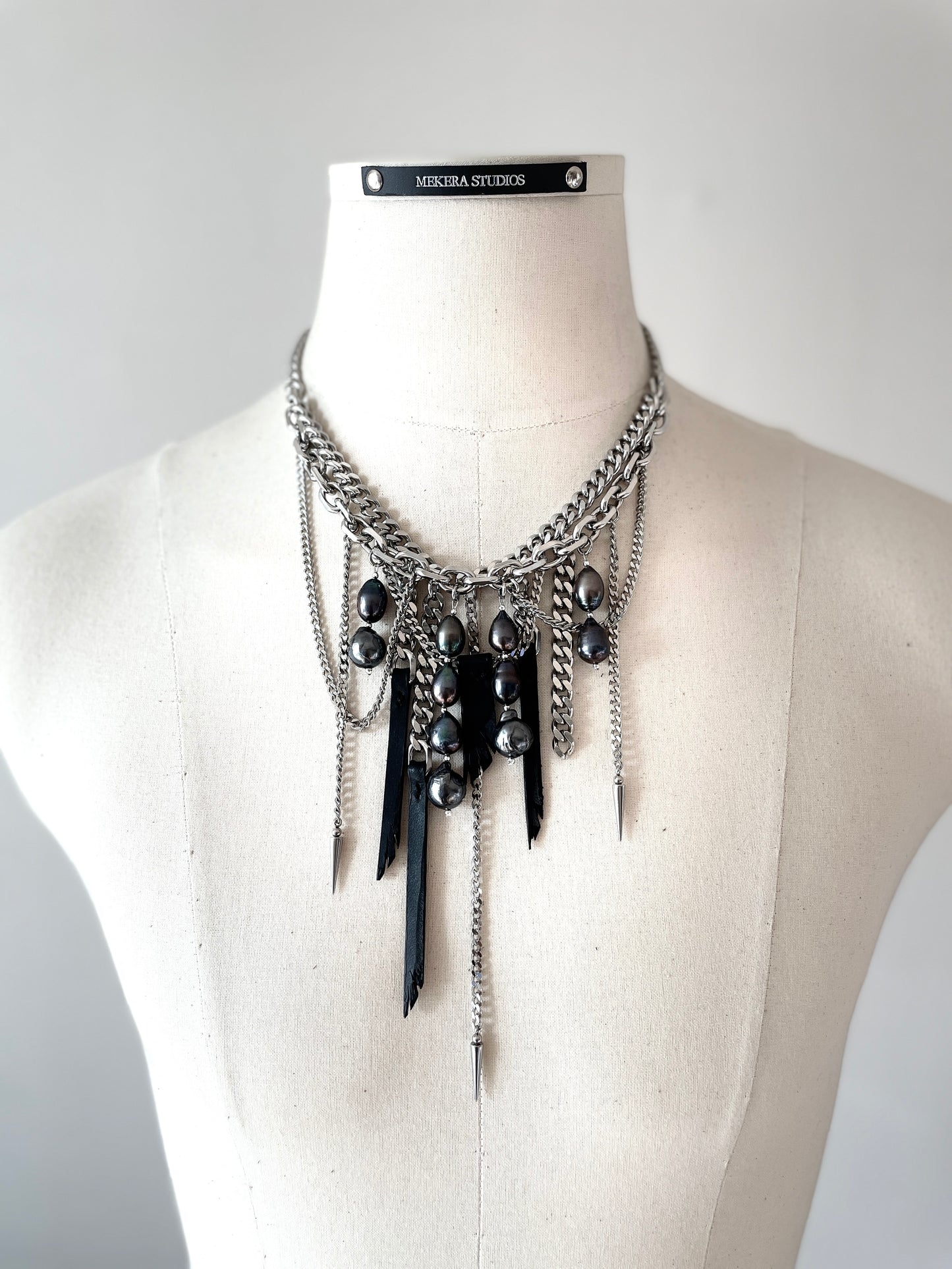 Wings6 - SOAR collection Black Pearl Spike Leather  Necklace Limited Edition Handcrafted - MEKERA STUDIOS