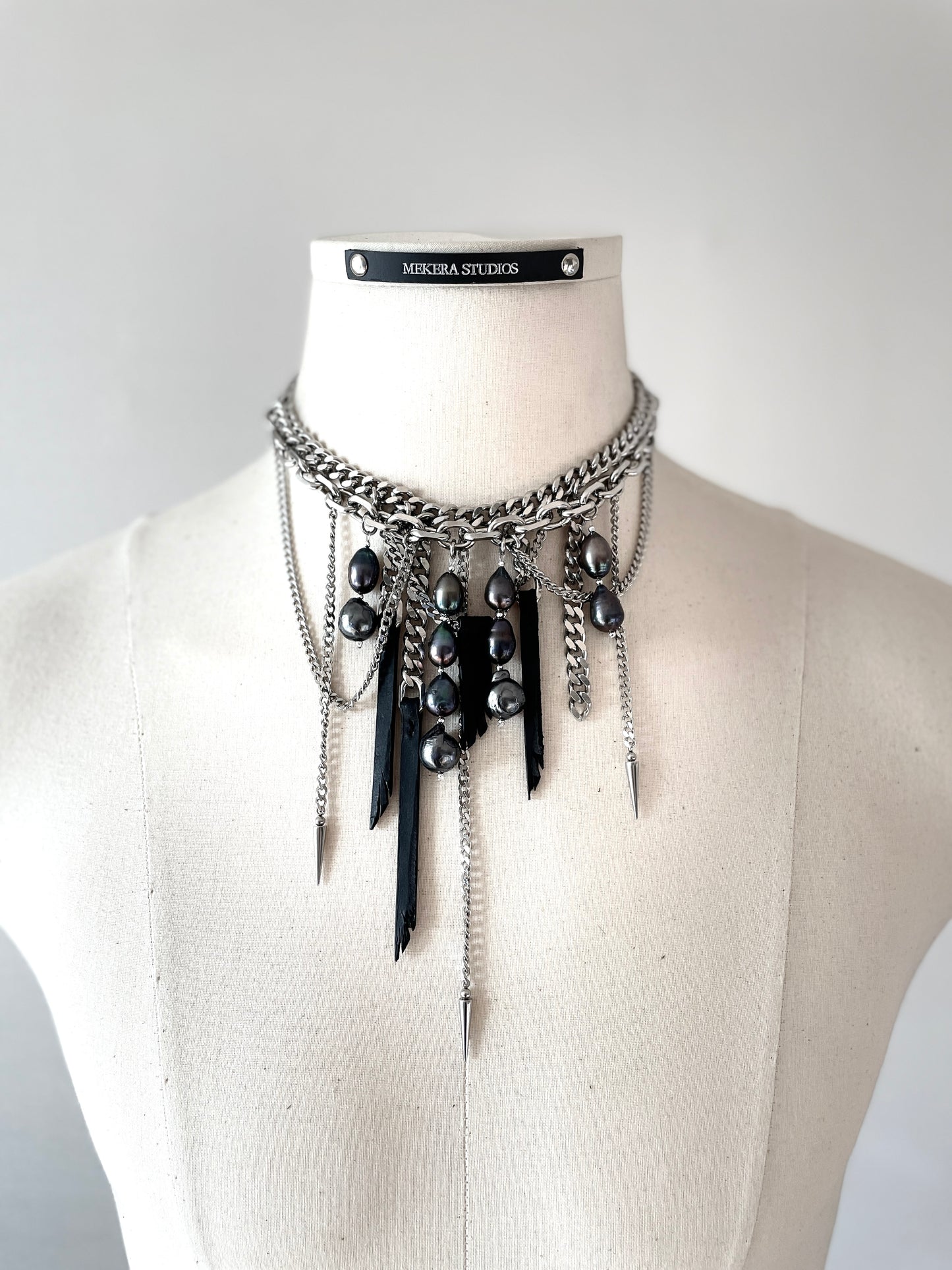 Wings6 - SOAR collection Black Pearl Spike Leather  Necklace Limited Edition Handcrafted - MEKERA STUDIOS