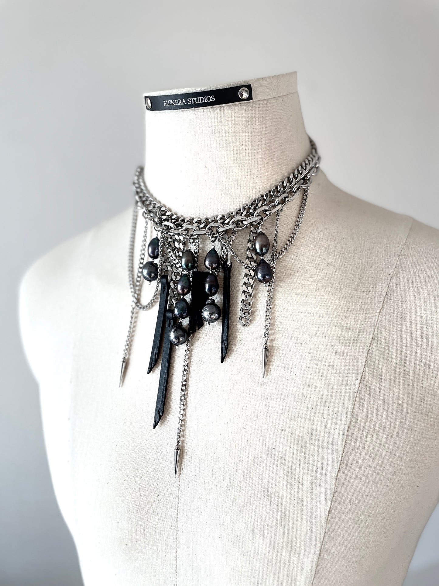 Wings6 - SOAR collection Black Pearl Spike Leather  Necklace Limited Edition Handcrafted - MEKERA STUDIOS