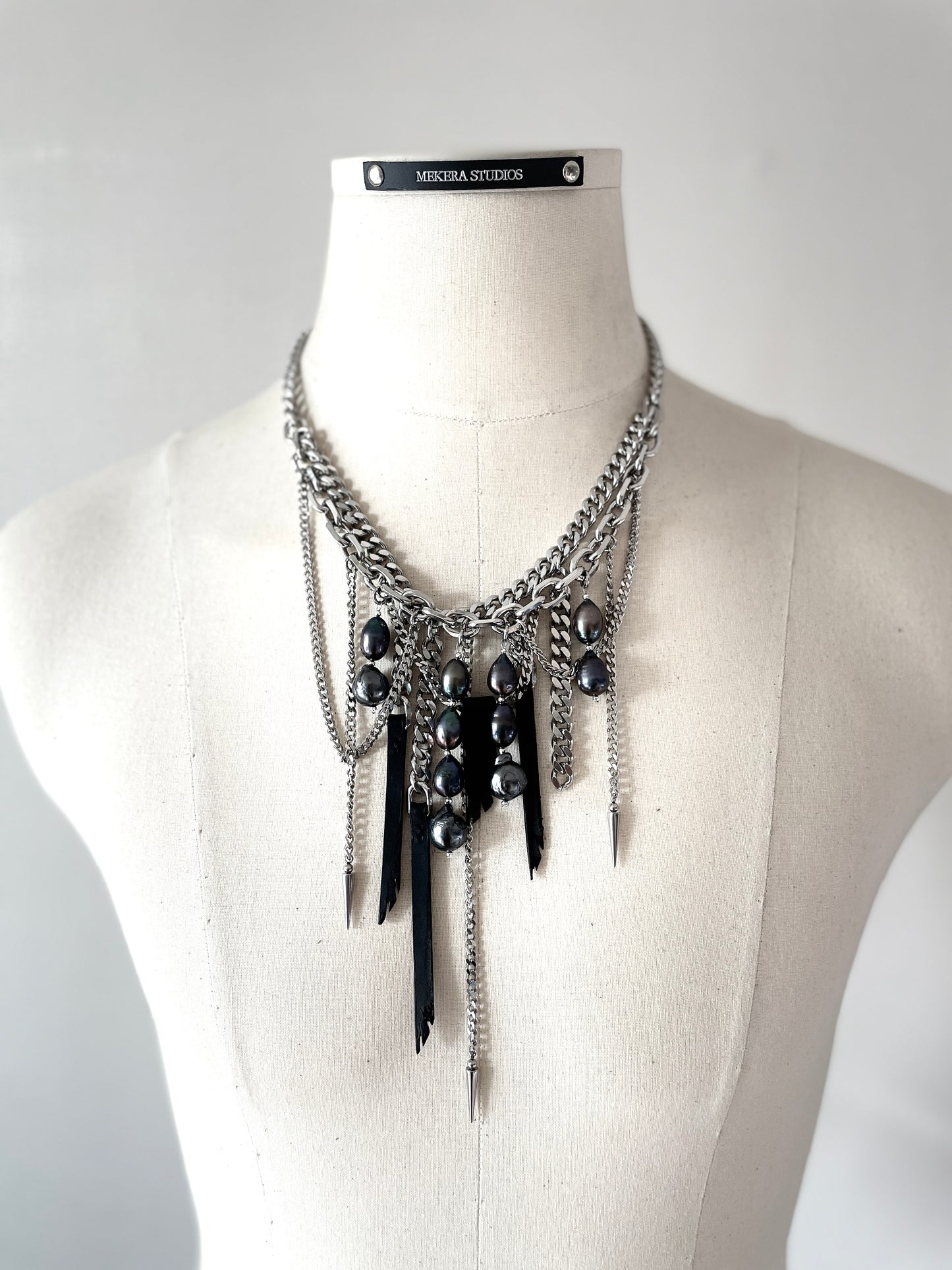 Wings6 - SOAR collection Black Pearl Spike Leather  Necklace Limited Edition Handcrafted - MEKERA STUDIOS