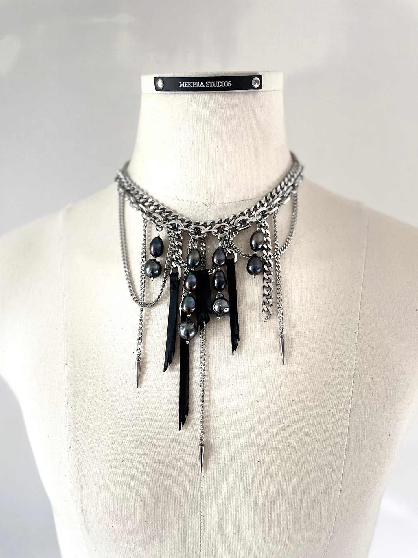 Wings6 - SOAR collection Black Pearl Spike Leather  Necklace Limited Edition Handcrafted - MEKERA STUDIOS