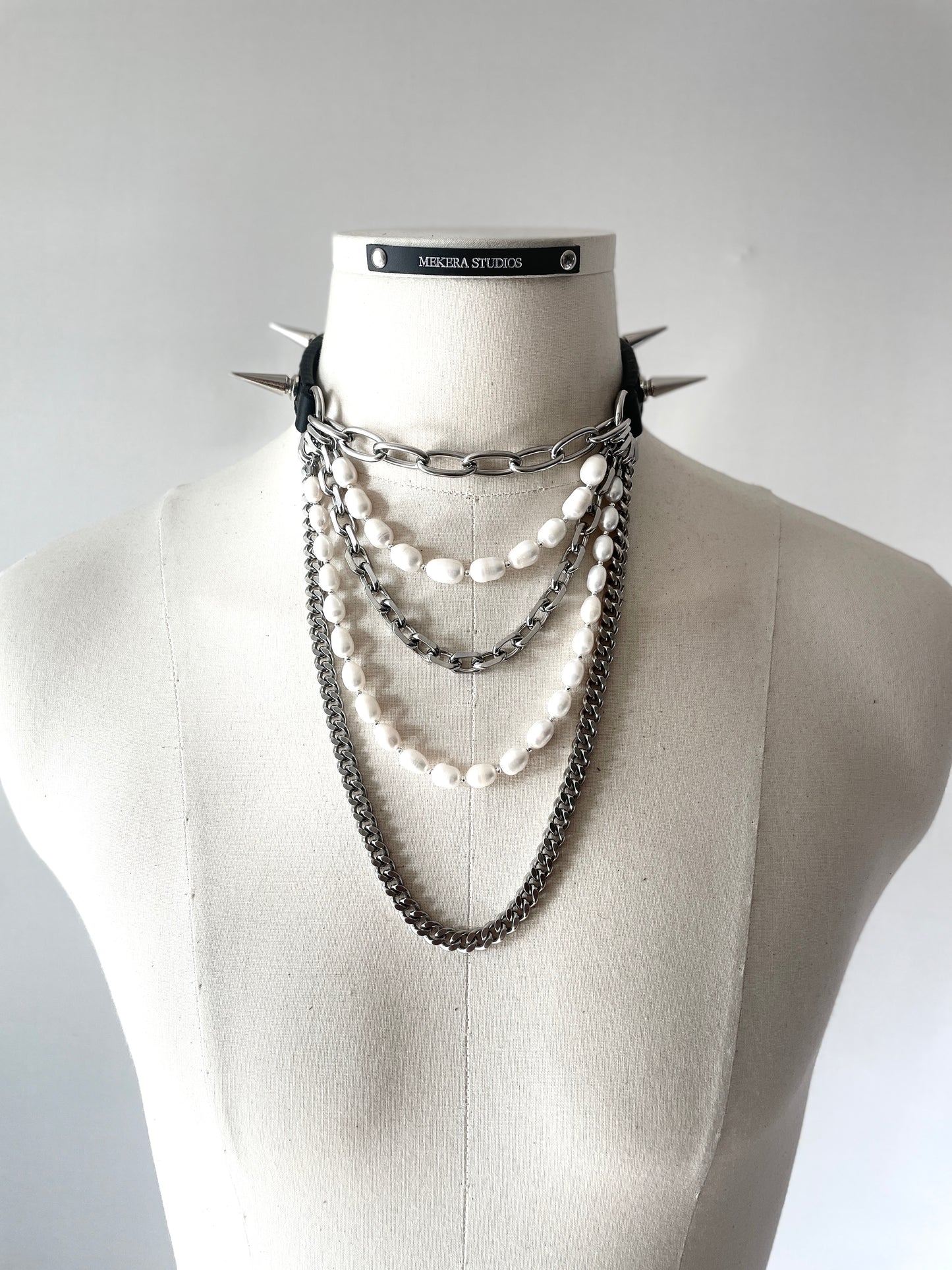 LXXP2-Spike Pearl Leather Choker Limited Edition Handcrafted Grunge Punk Necklace - MEKERA STUDIOS