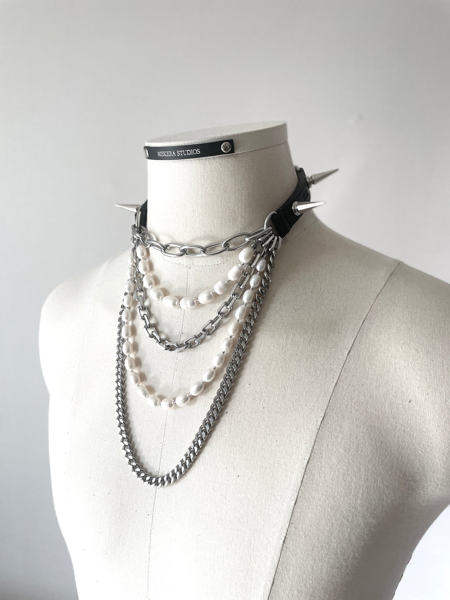 LXXP2-Spike Pearl Leather Choker Limited Edition Handcrafted Grunge Punk Necklace - MEKERA STUDIOS