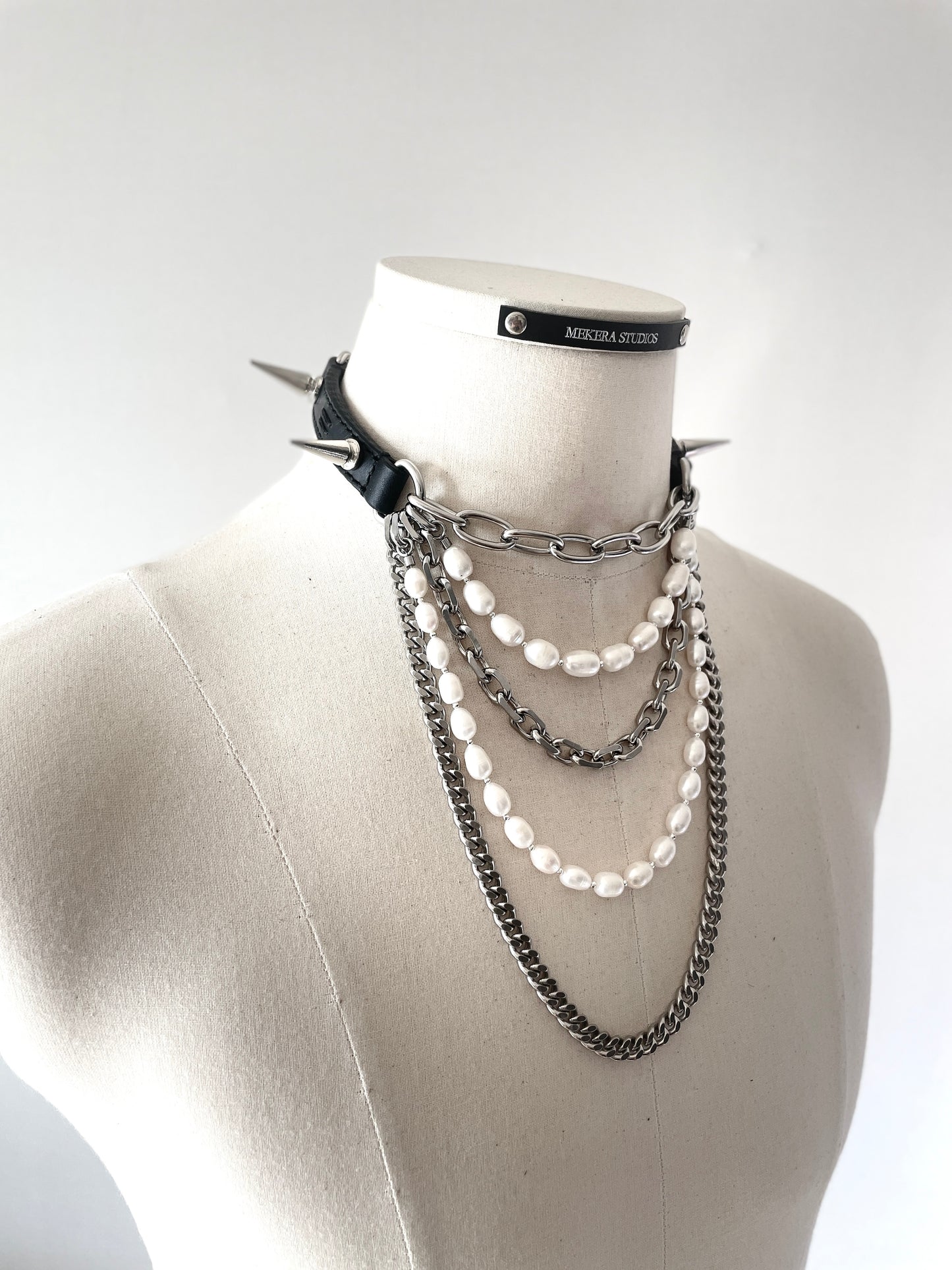 LXXP2-Spike Pearl Leather Choker Limited Edition Handcrafted Grunge Punk Necklace - MEKERA STUDIOS