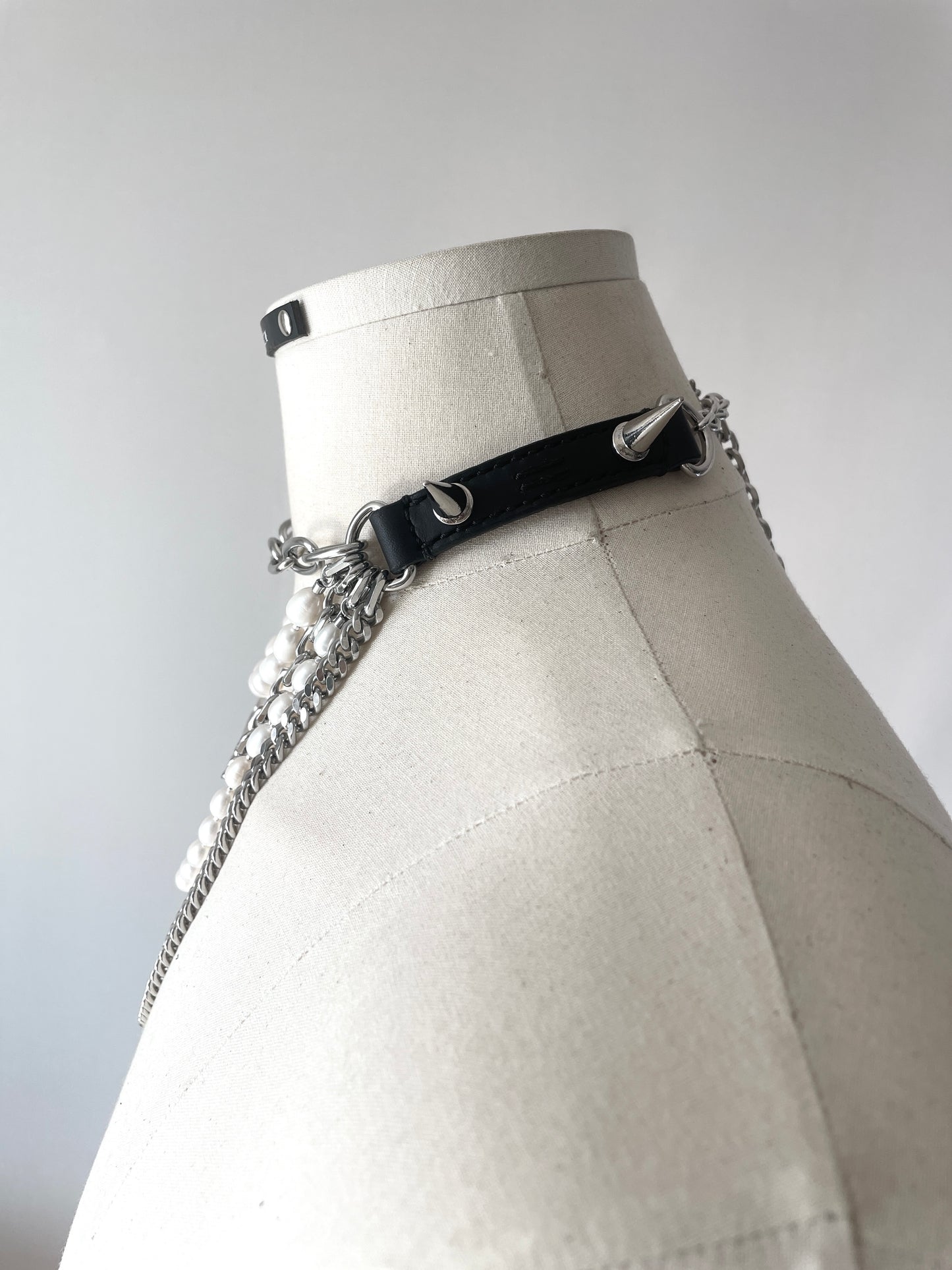 LXXP2-Spike Pearl Leather Choker Limited Edition Handcrafted Grunge Punk Necklace - MEKERA STUDIOS