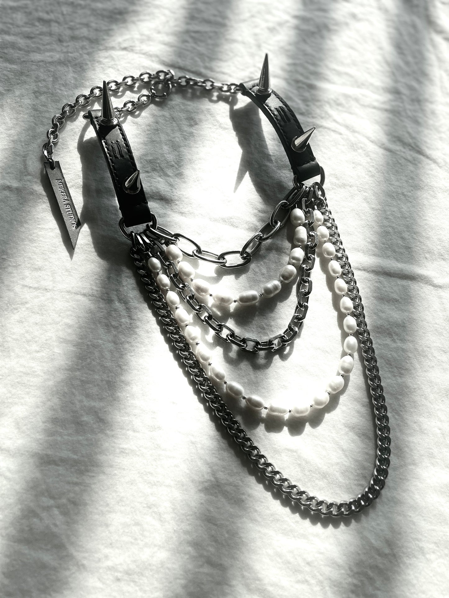 LXXP2-Spike Pearl Leather Choker Limited Edition Handcrafted Grunge Punk Necklace - MEKERA STUDIOS