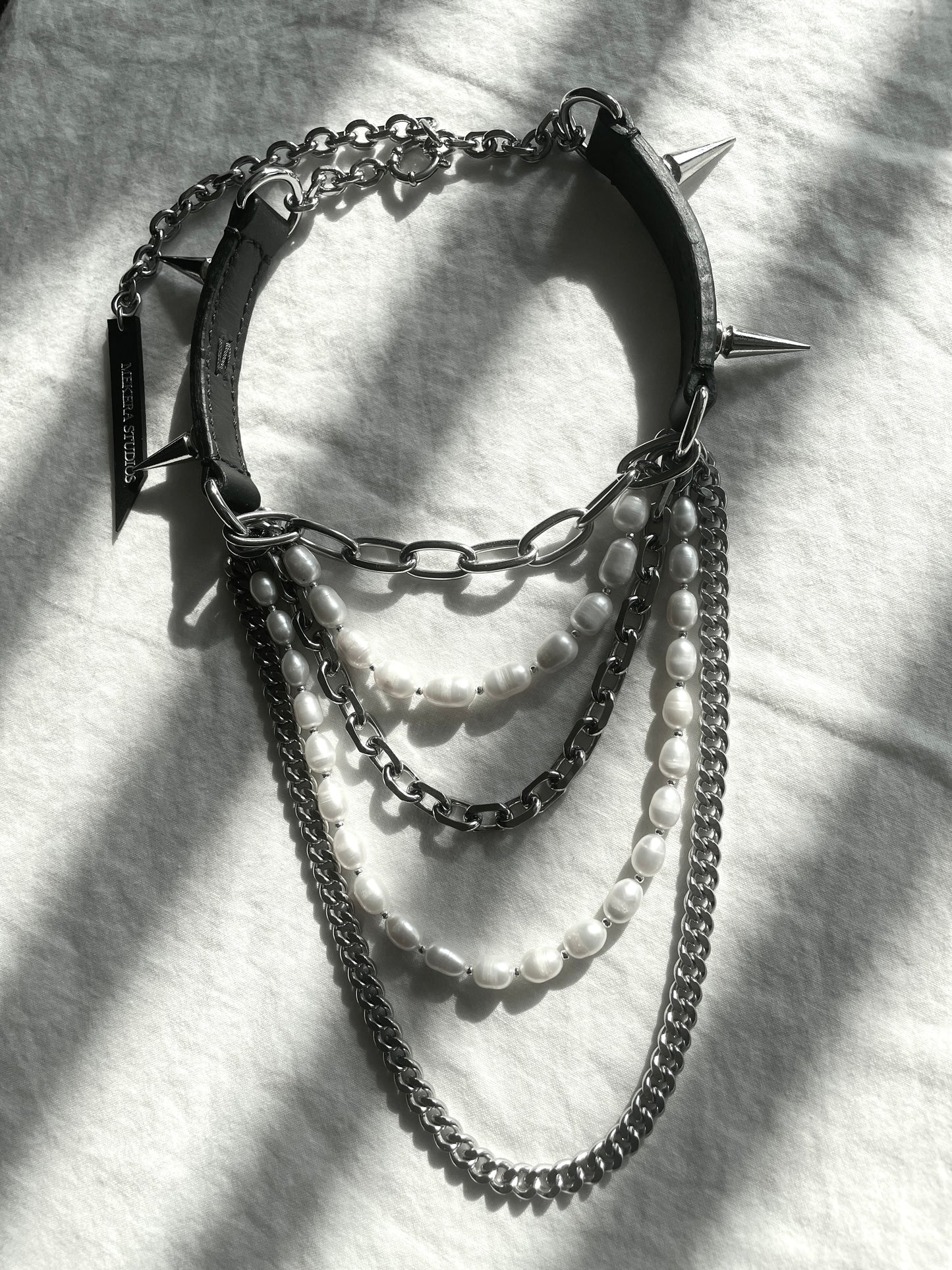 LXXP2-Spike Pearl Leather Choker Limited Edition Handcrafted Grunge Punk Necklace - MEKERA STUDIOS