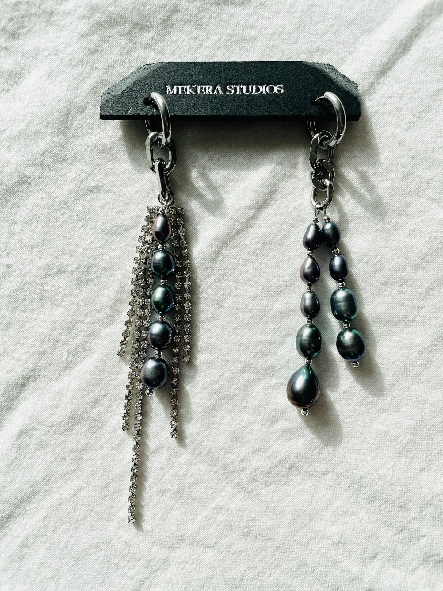 Ear Couture collection Black Pearl earrings long chain drop EC-7 Limited Edition Handcrafted - MEKERA STUDIOS