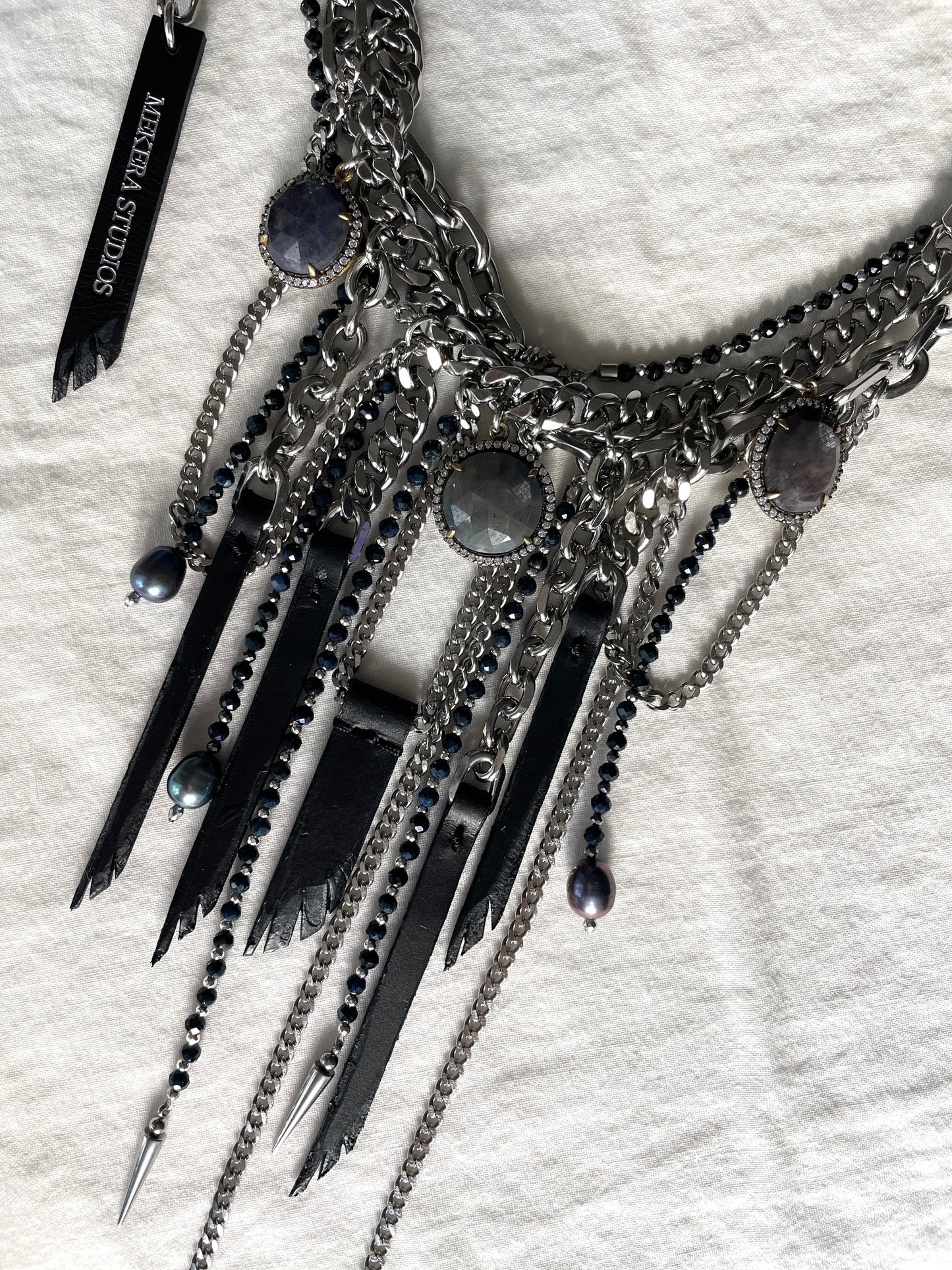 Wings7 - SOAR collection Sapphire Black Pearl Spike Leather  Necklace Limited Edition Handcrafted - MEKERA STUDIOS