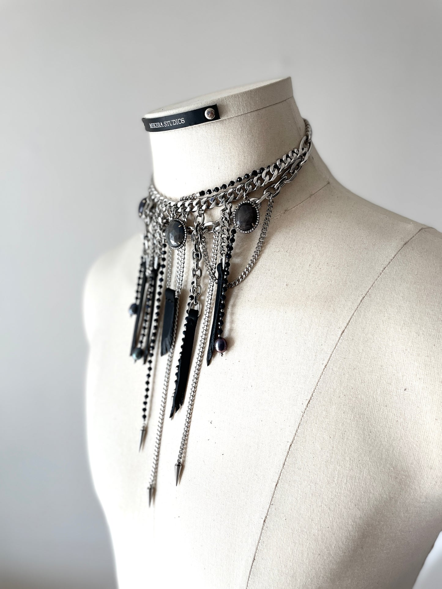 Wings7 - SOAR collection Sapphire Black Pearl Spike Leather  Necklace Limited Edition Handcrafted - MEKERA STUDIOS