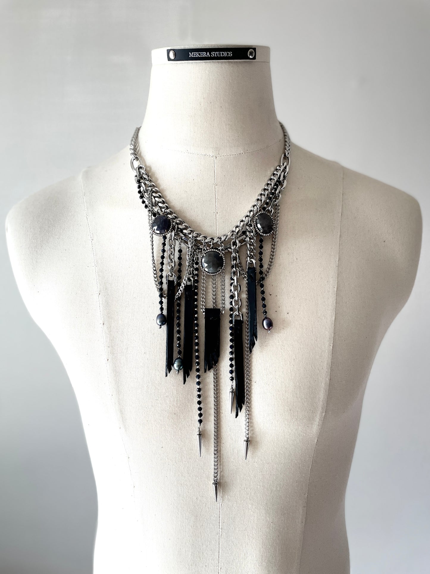 Wings7 - SOAR collection Sapphire Black Pearl Spike Leather  Necklace Limited Edition Handcrafted - MEKERA STUDIOS