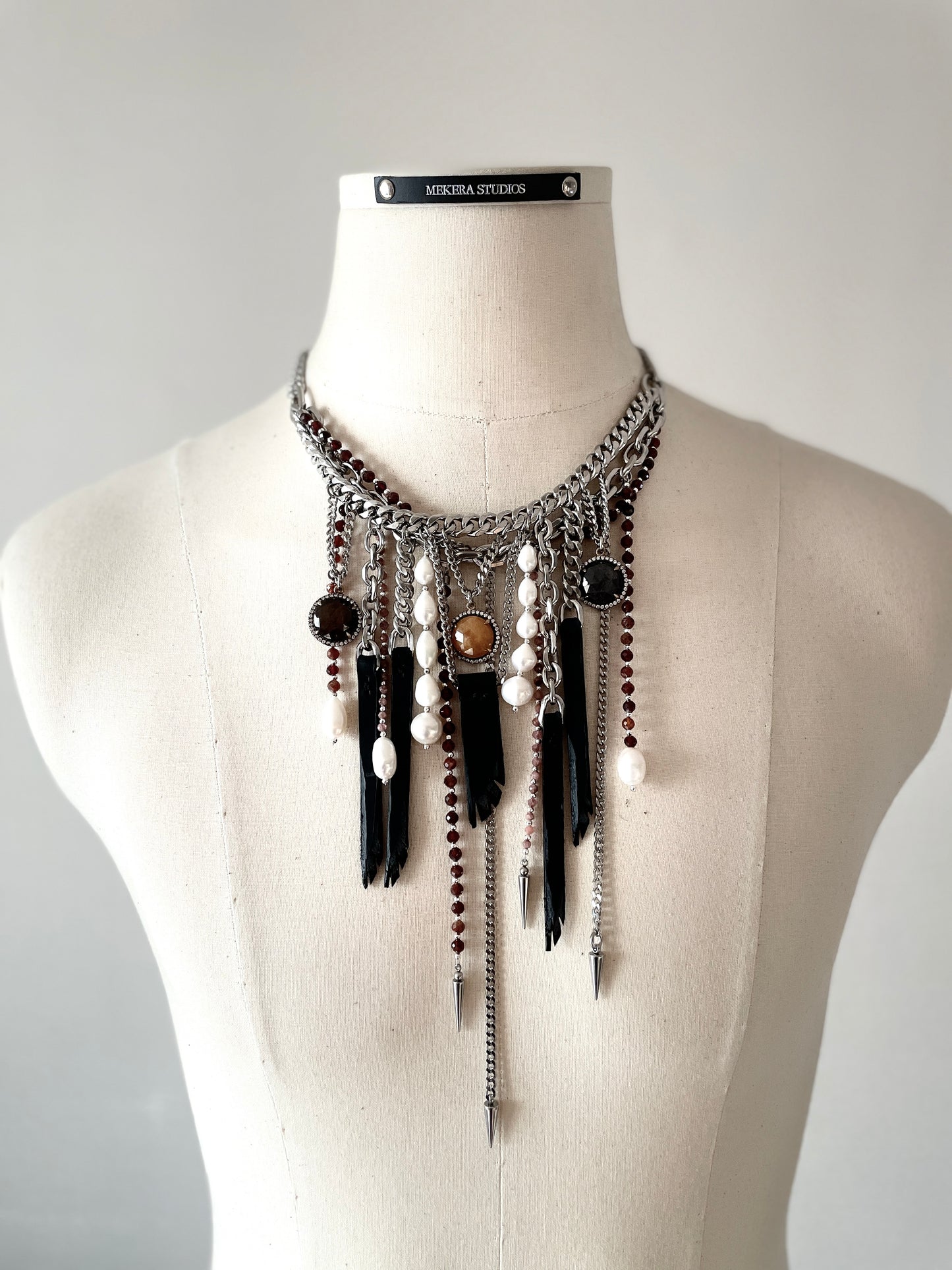 Wings8 - SOAR collection Sapphire Pearl Spike Leather  Necklace Limited Edition Handcrafted - MEKERA STUDIOS